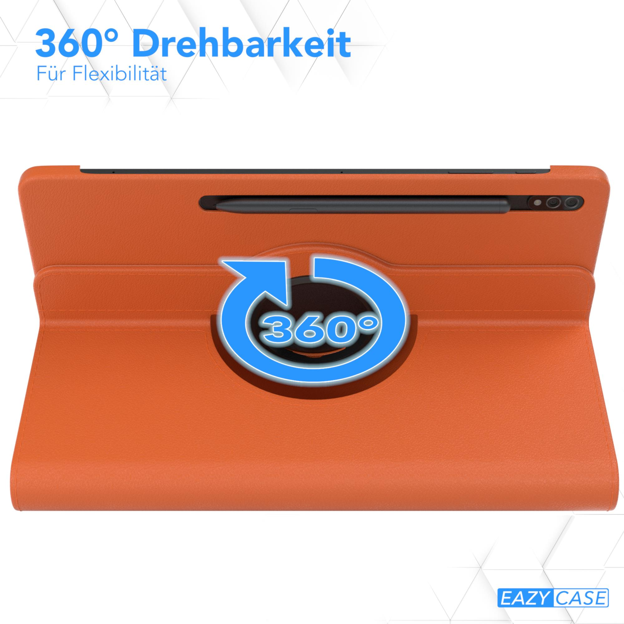 Eine orangefarbene Tablethülle mit einem Stift. Die Hülle ist geöffnet und der Tablet-Bildschirm ist sichtbar.