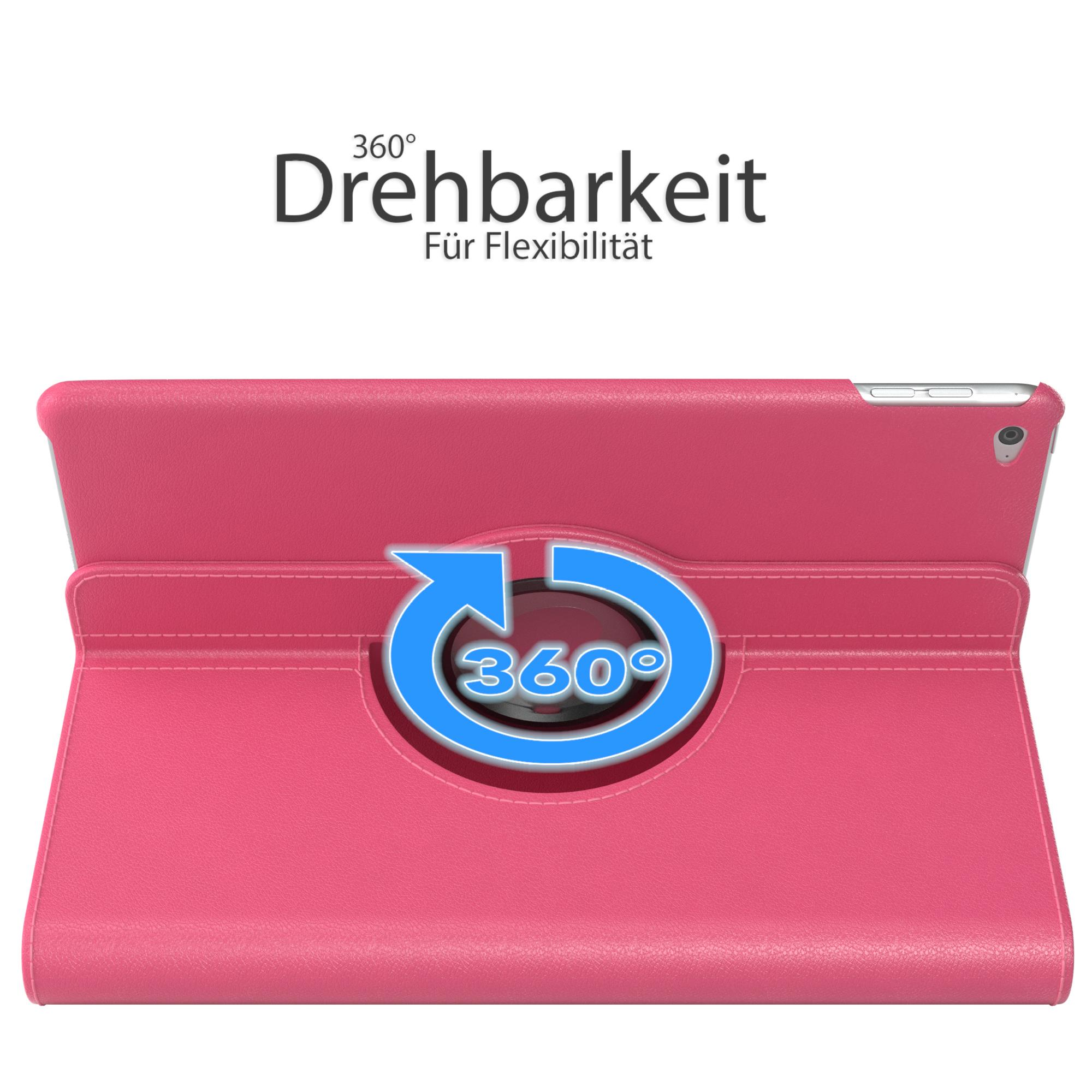 Eine pinkfarbene Tablethülle mit einem drehbaren Ständer. Sie hat ein 360-Grad-Rotationssymbol und Text.