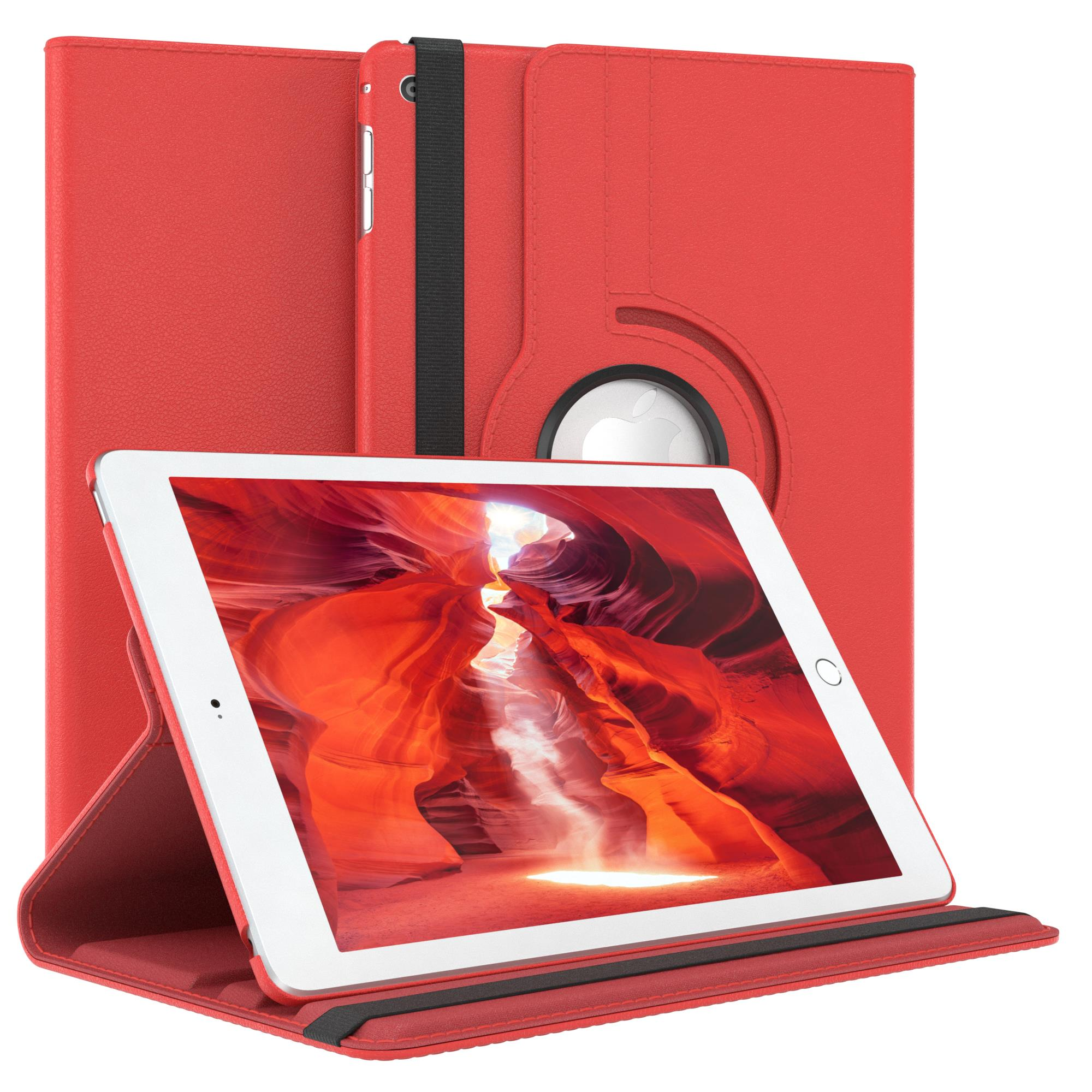 Rote Tablethülle mit Tablet, das ein Canyon-Bild zeigt.