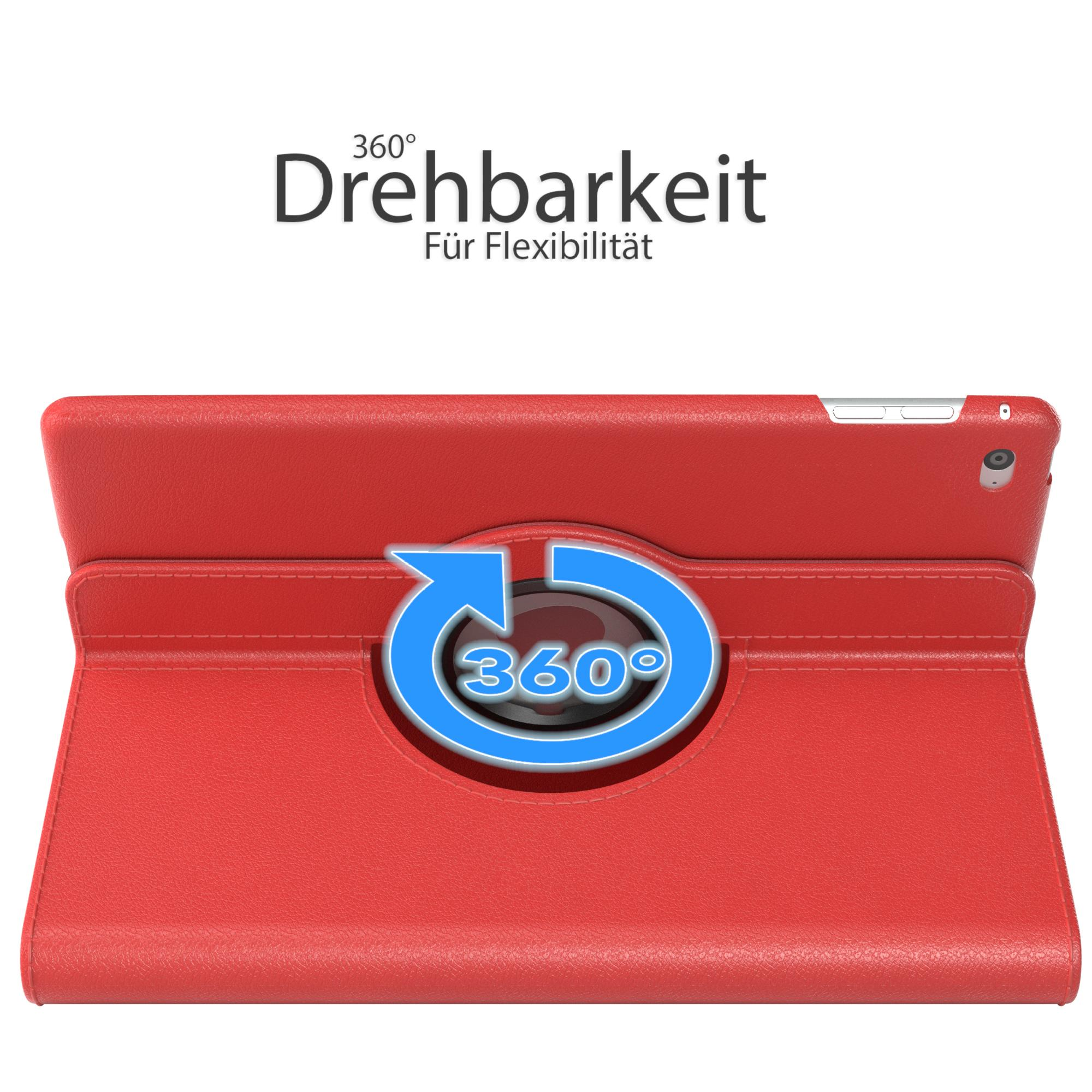 Rote Tablet-Hülle mit 360° Drehung. Die Hülle ist geöffnet, zeigt Halterung und ein blaues Icon.