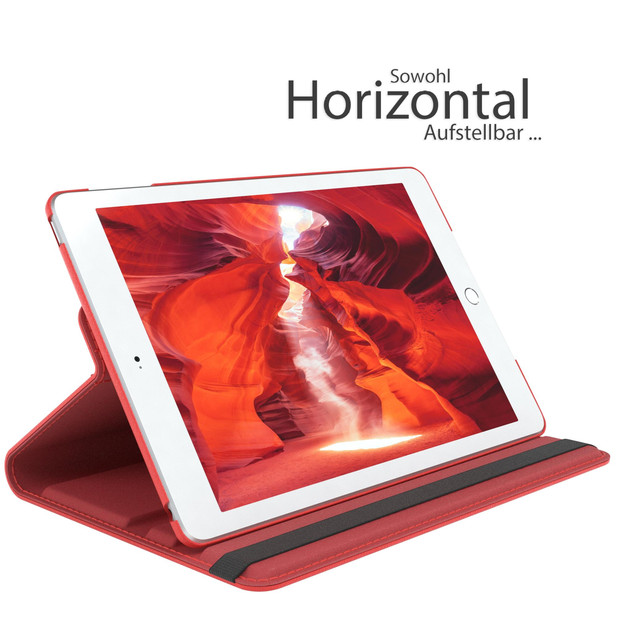 Tablet in roter Hülle, geöffnet, um ein Canyon-Bild zu zeigen. Die Hülle ermöglicht einen horizontalen Stand.