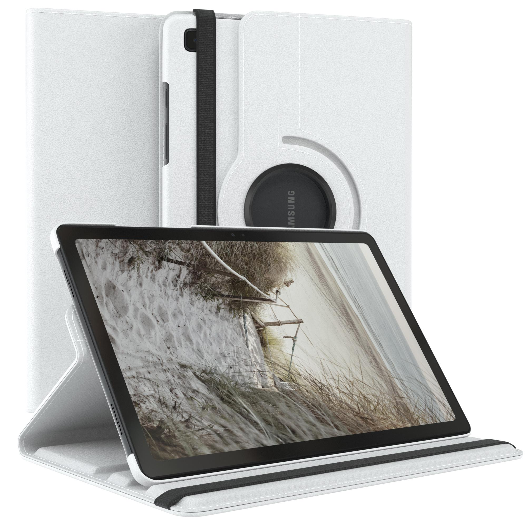 Ein weißes Tablet in einem weißen Gehäuse. Der Bildschirm zeigt eine Strandszene.