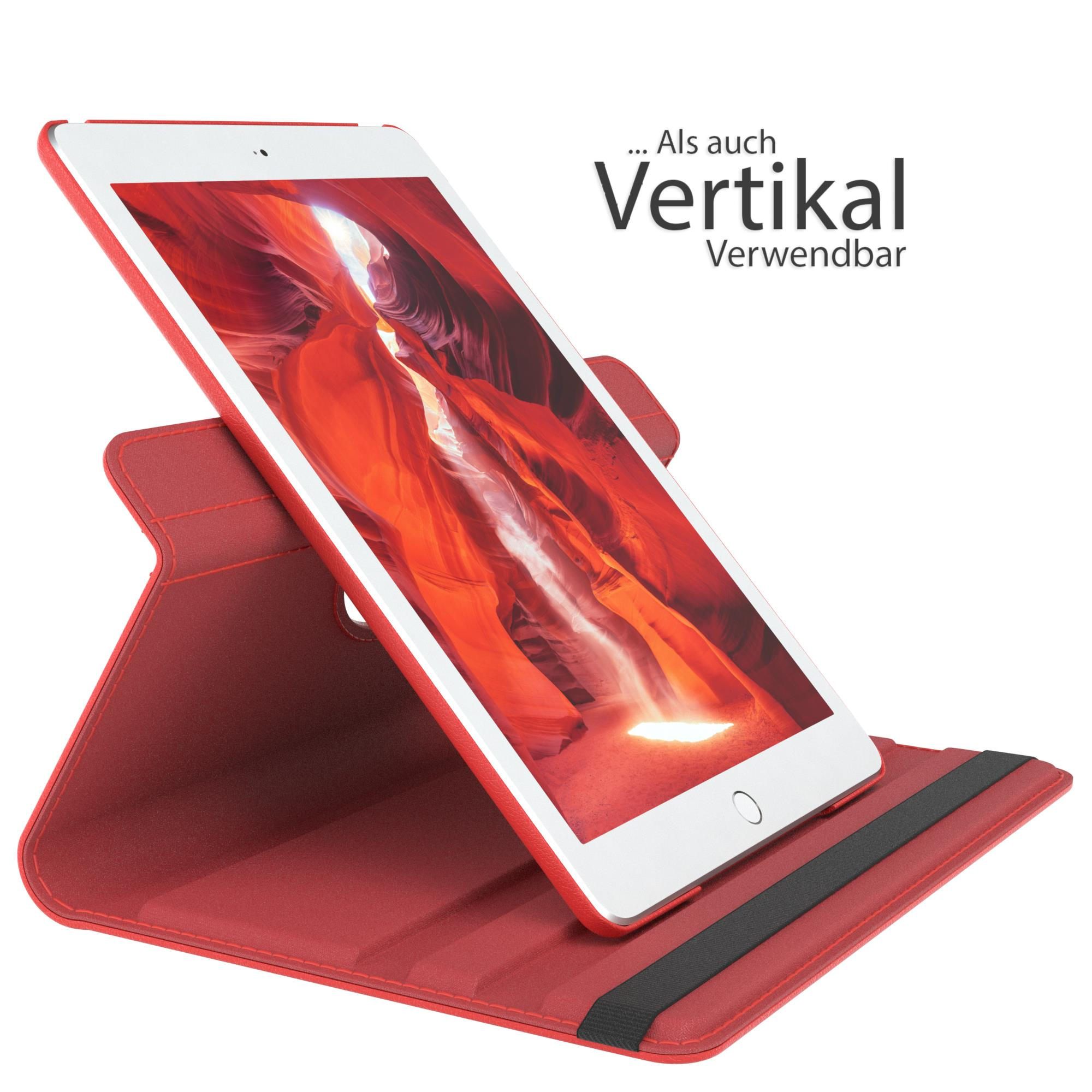Ein rotes Tablet in einer roten Hülle wird vertikal angezeigt. Text auf Deutsch ist oben rechts sichtbar.