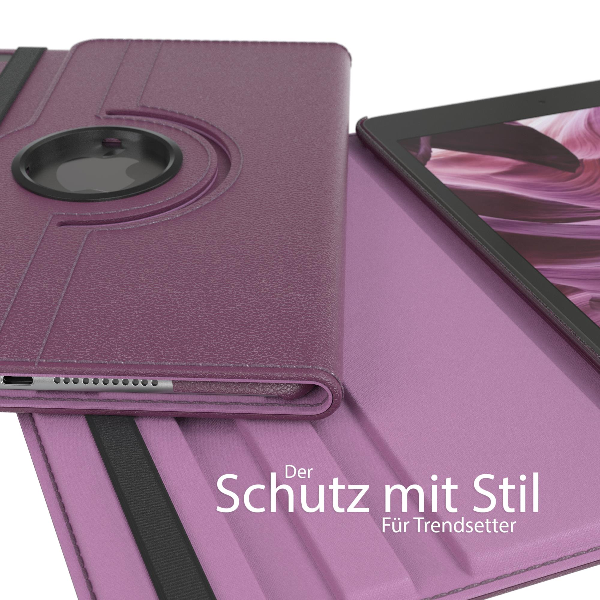 Eine lila Tablethülle, mit schwarzem Band und Drehmechanismus, Text 'Der Schutz mit Stil'.