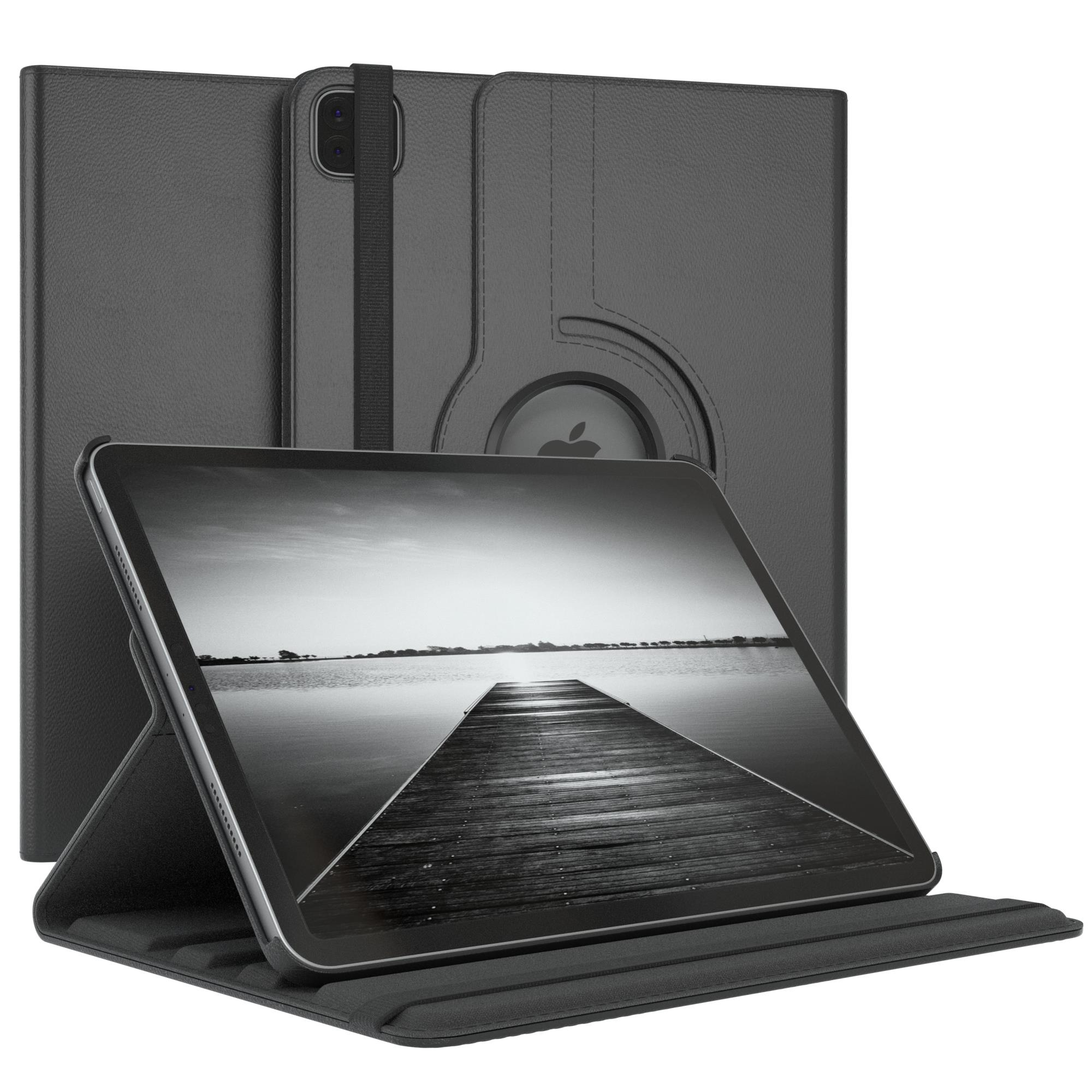 Ein schwarzes Tablet in einer schwarzen Hülle. Die Hülle hat eine Klappe mit Riemen und Logo.