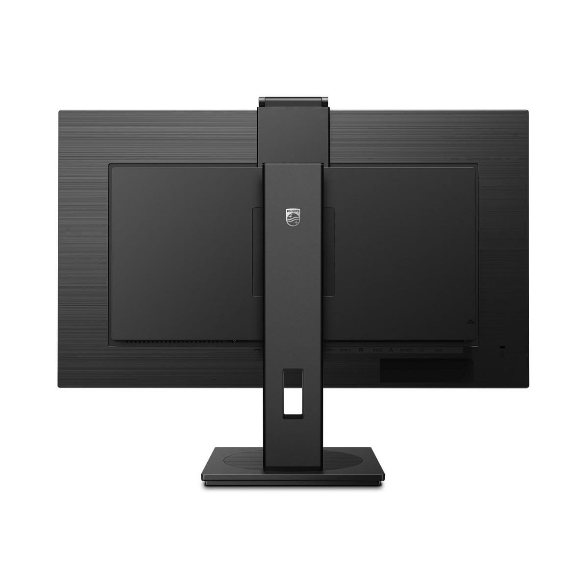 Widok z tyłu czarnego monitora komputera ze stojakiem, pokazujący porty i logo marki.