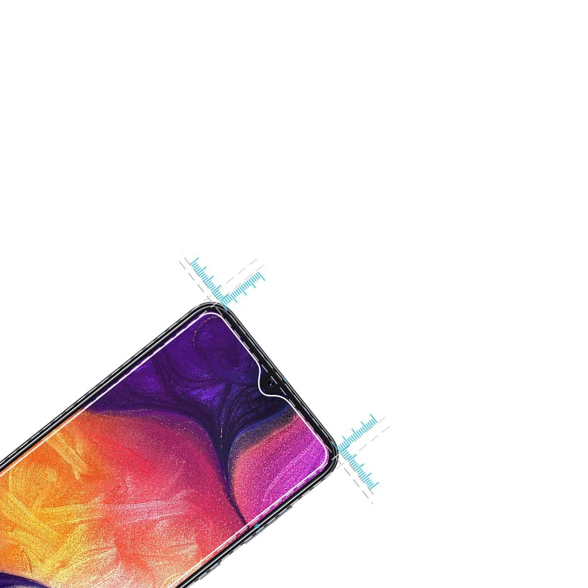 Ein Displayschutz auf dem Telefon, mit Messanleitungen und weißem Hintergrund.