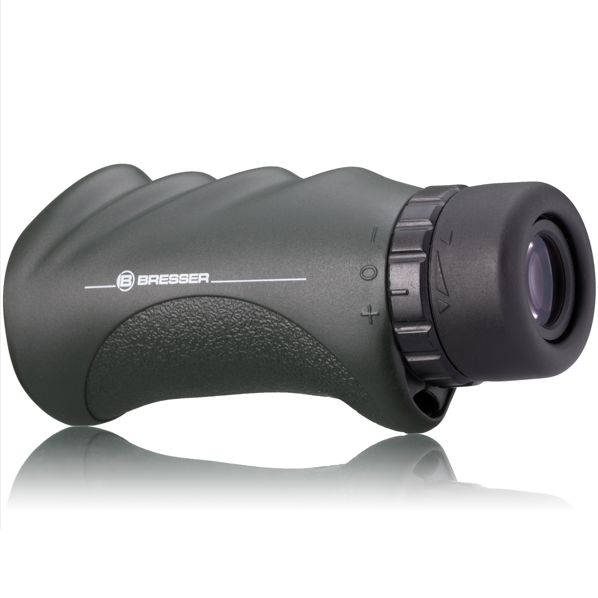 Monocular verde, ajustes negros, fondo blanco.