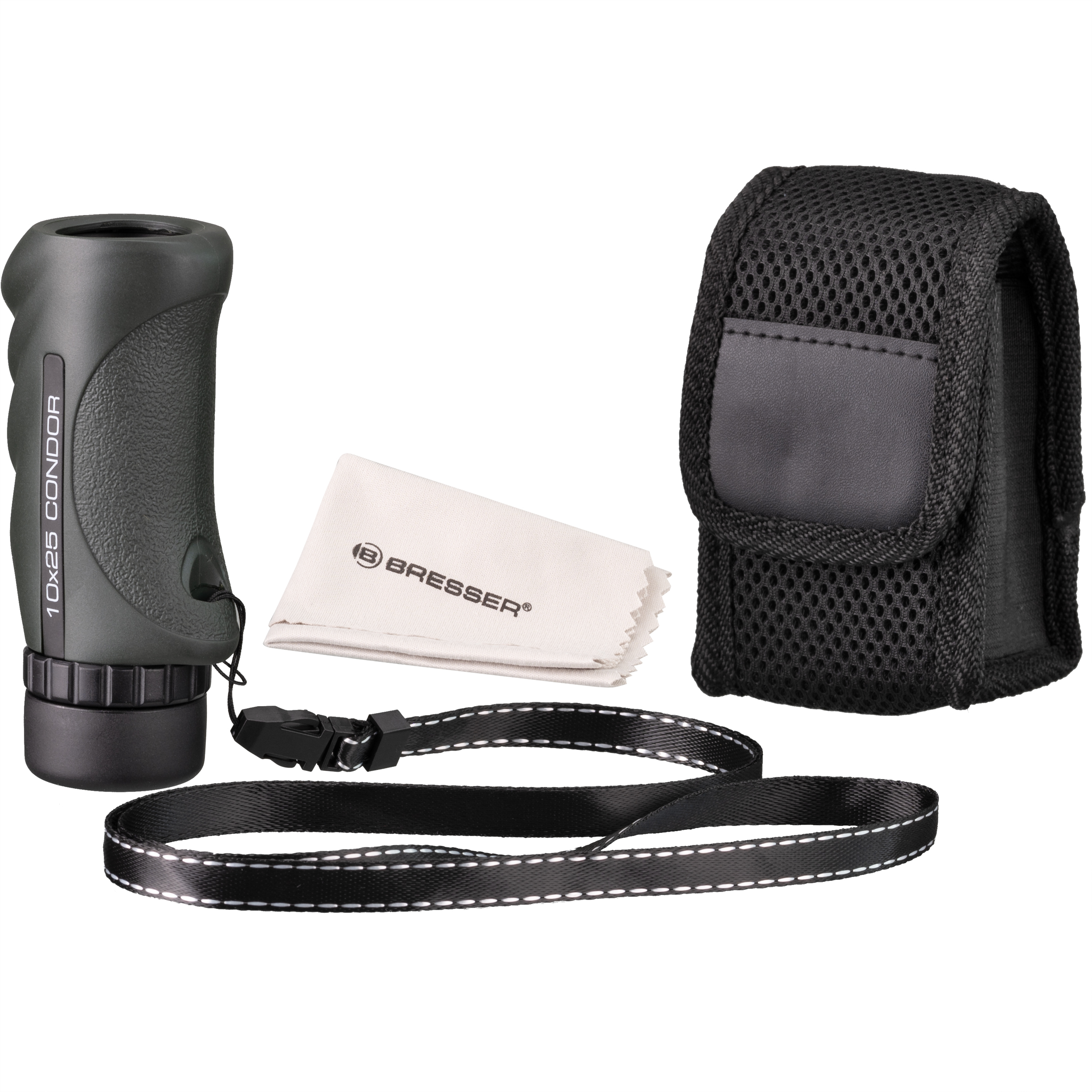 Monocular, paño de limpieza, estuche y correa.