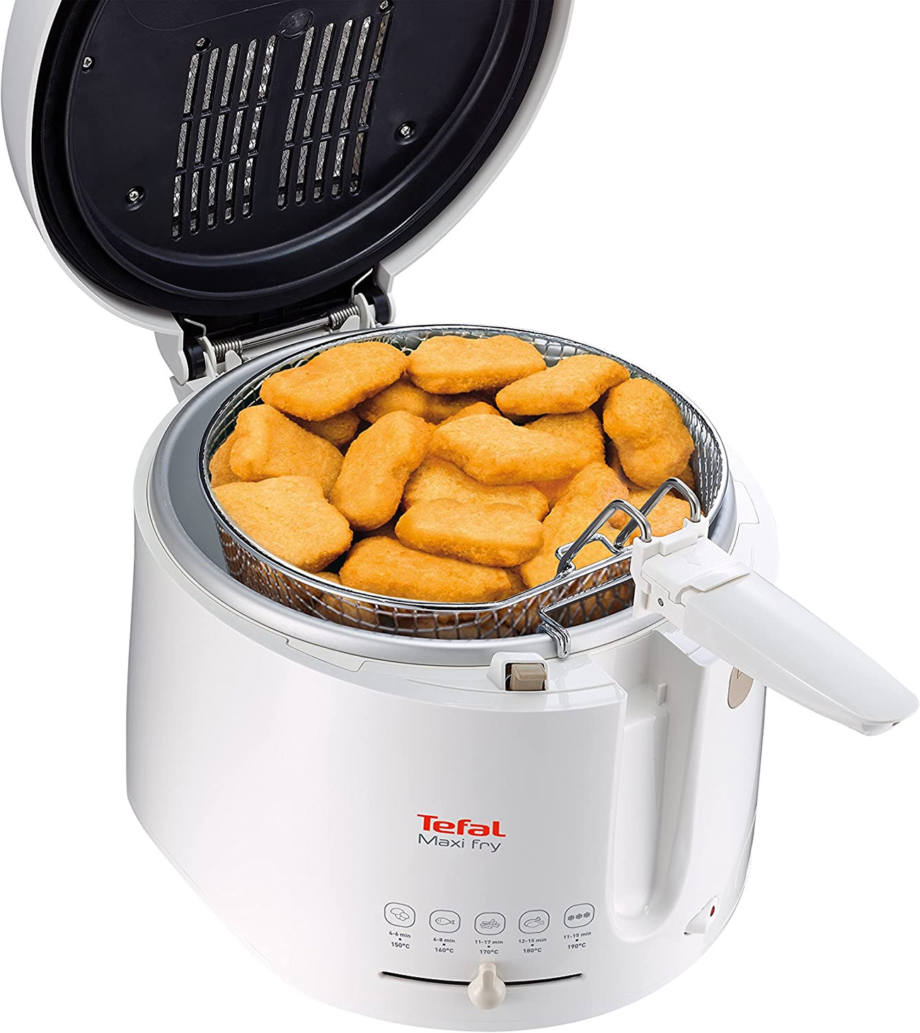 Tefal Maxi Fry bianco con un cestello pieno di pepite dorate.