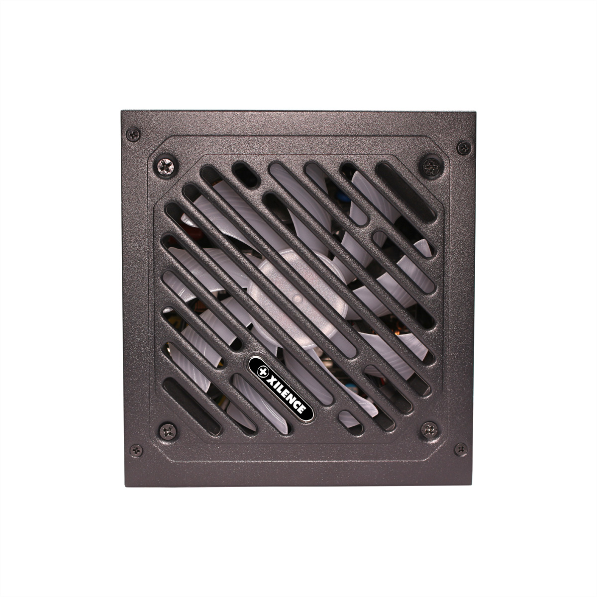 Czarny zasilacz komputerowy z wentylatorem, logo Xilence.