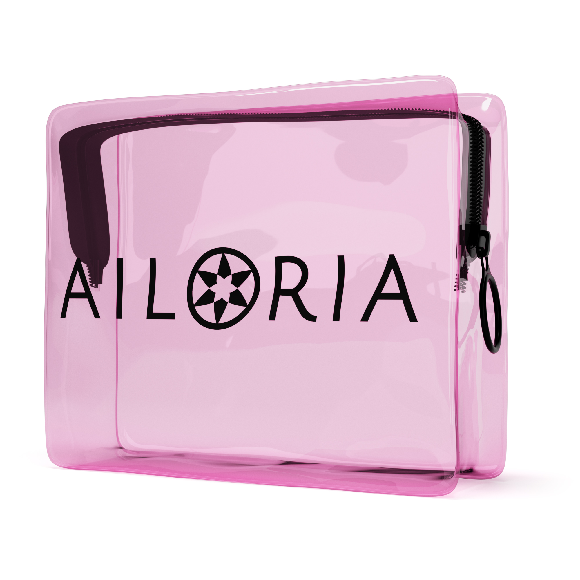 Rosa transparente Kosmetiktasche mit schwarzem Reißverschluss und dem Wort AILORIA.