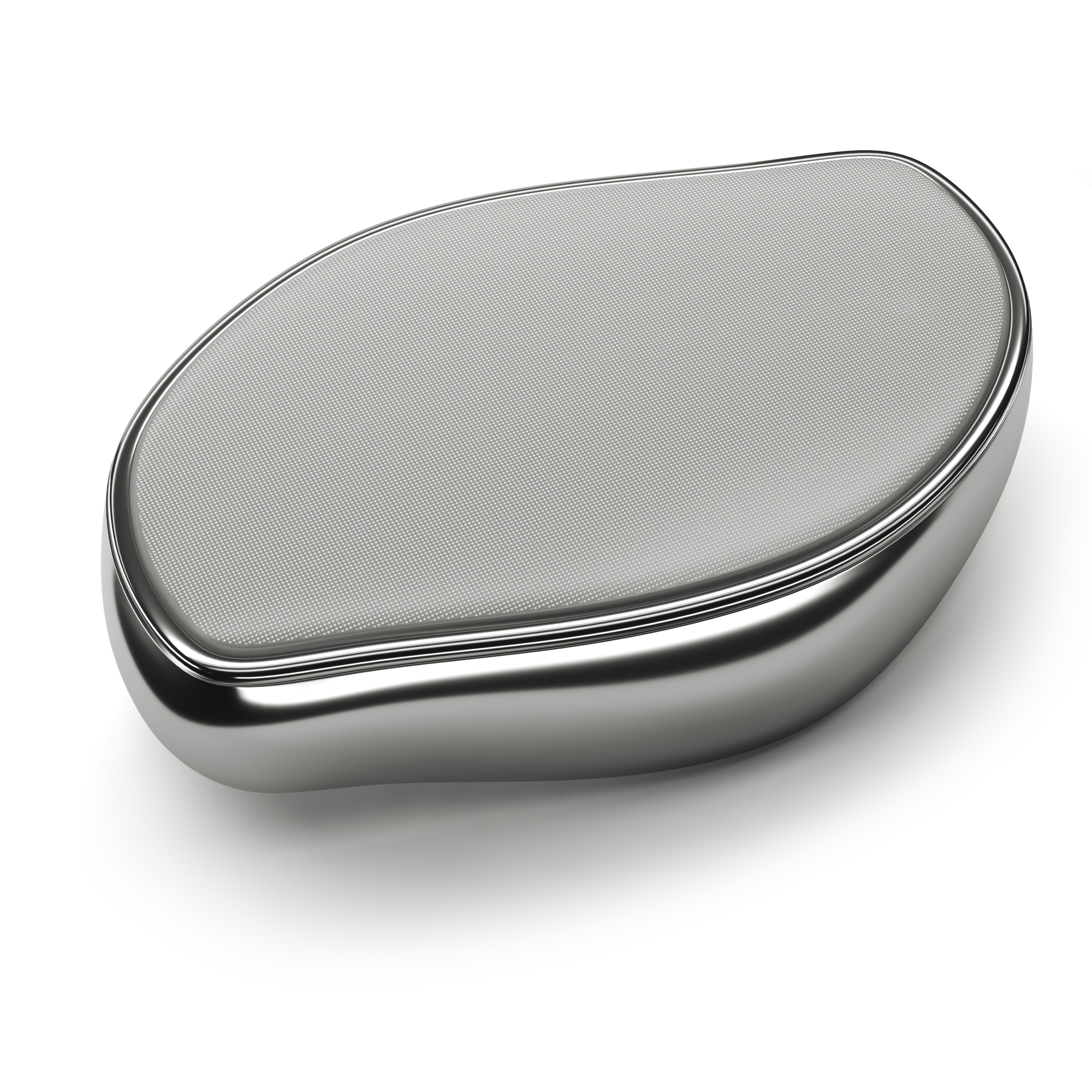 Ein metallisches, oval geformtes Gerät mit strukturierter grauer Oberseite, vor weißem Hintergrund.