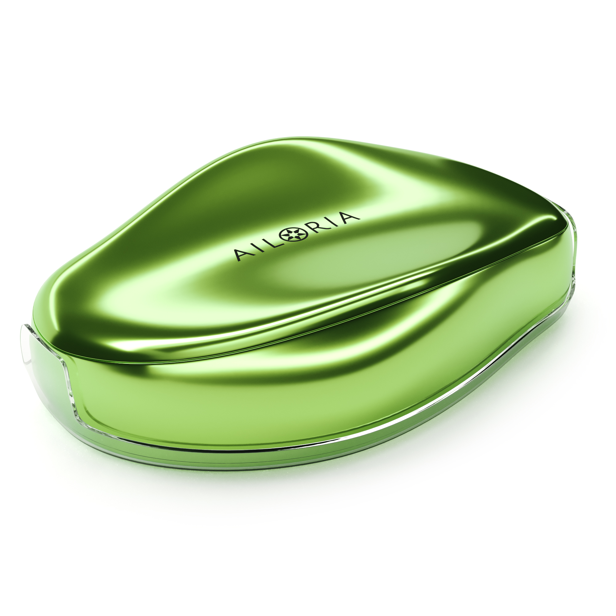 Grüner metallischer Behälter mit geschwungenem Design und transparentem Boden auf weißem Untergrund.