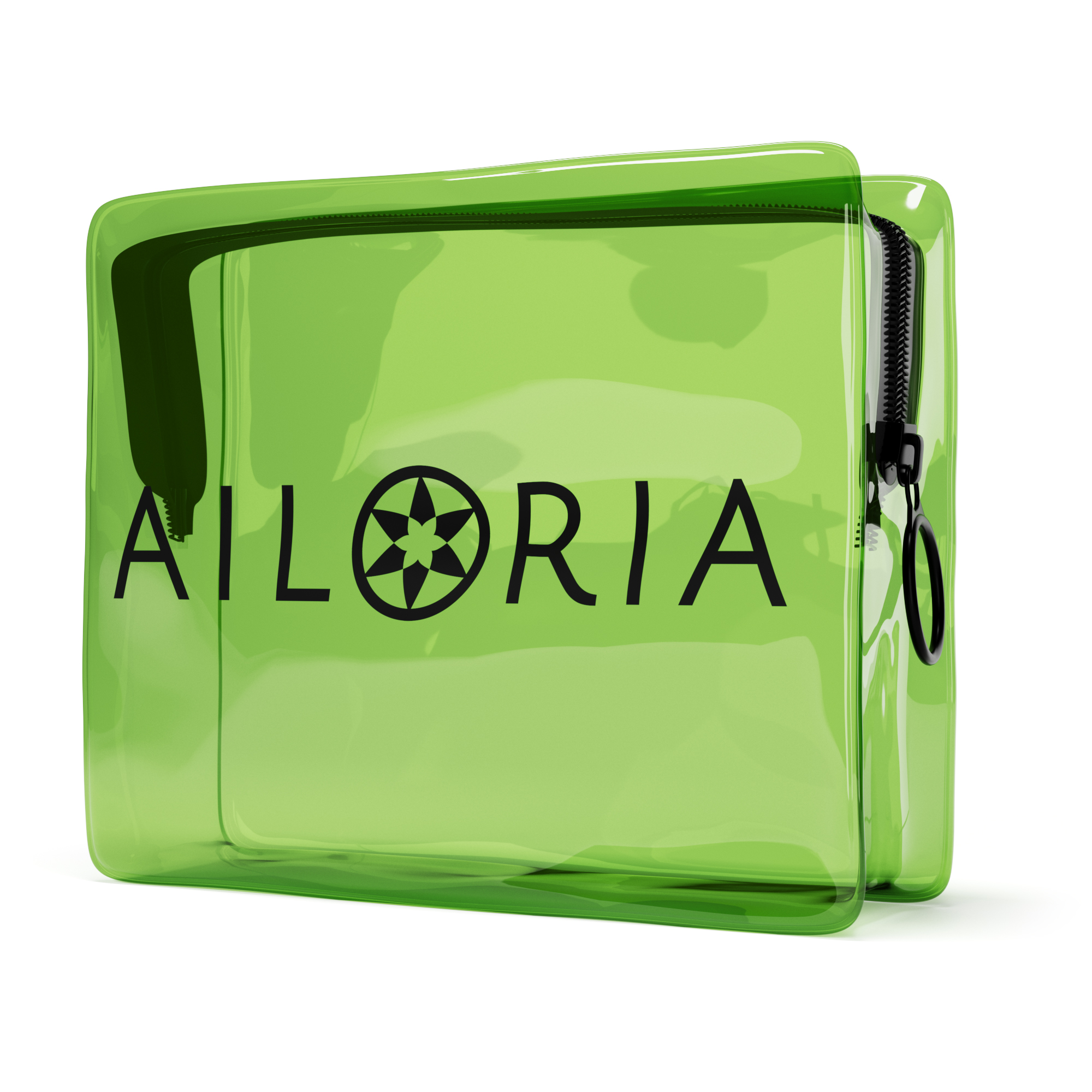 Grüne transparente Make-up-Tasche mit schwarzem Reißverschluss und schwarzem Logo, AILORIA. Isoliert auf weißem Hintergrund.