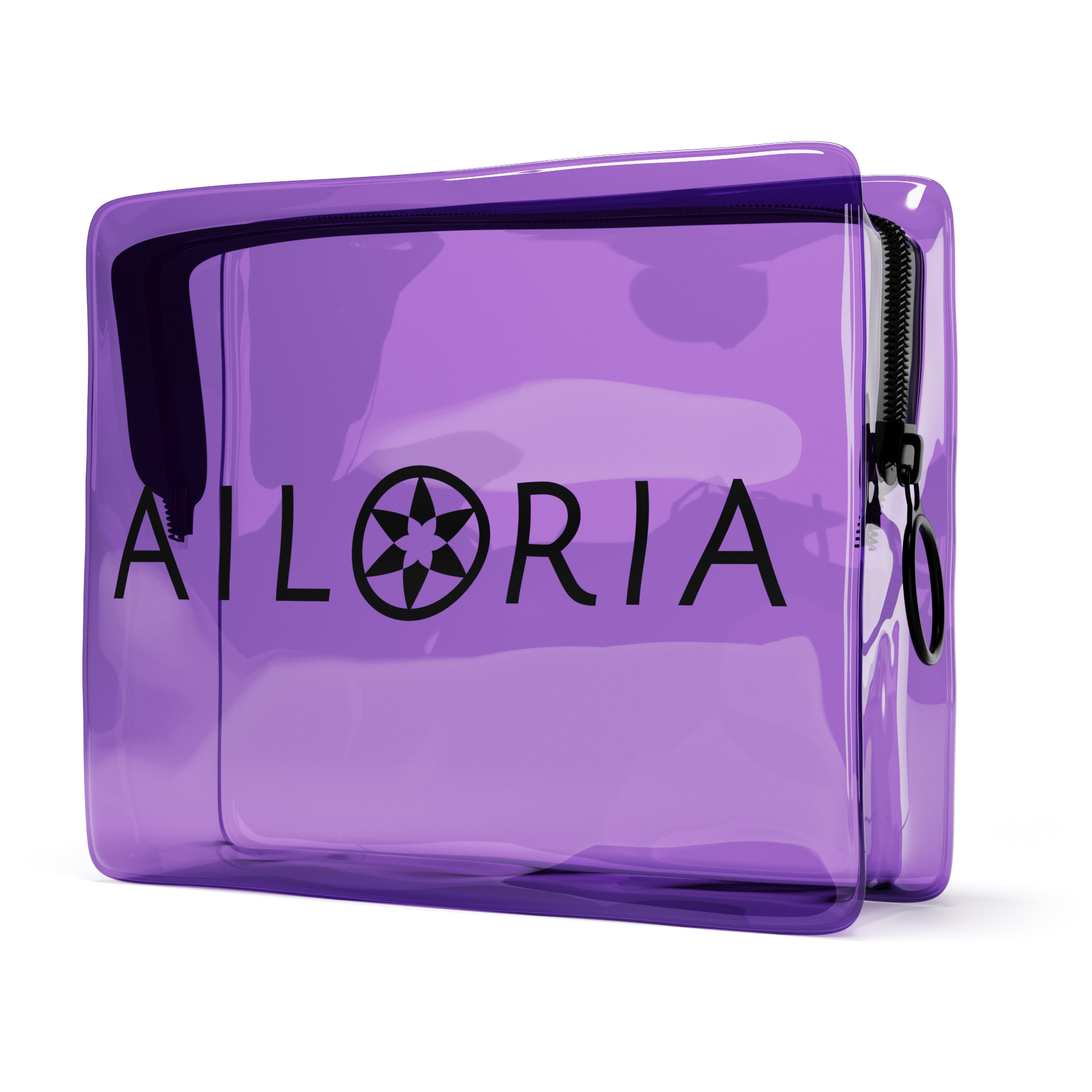 Transparente lila Make-up-Tasche mit schwarzem Reißverschluss und dem Aufdruck AILORIA.