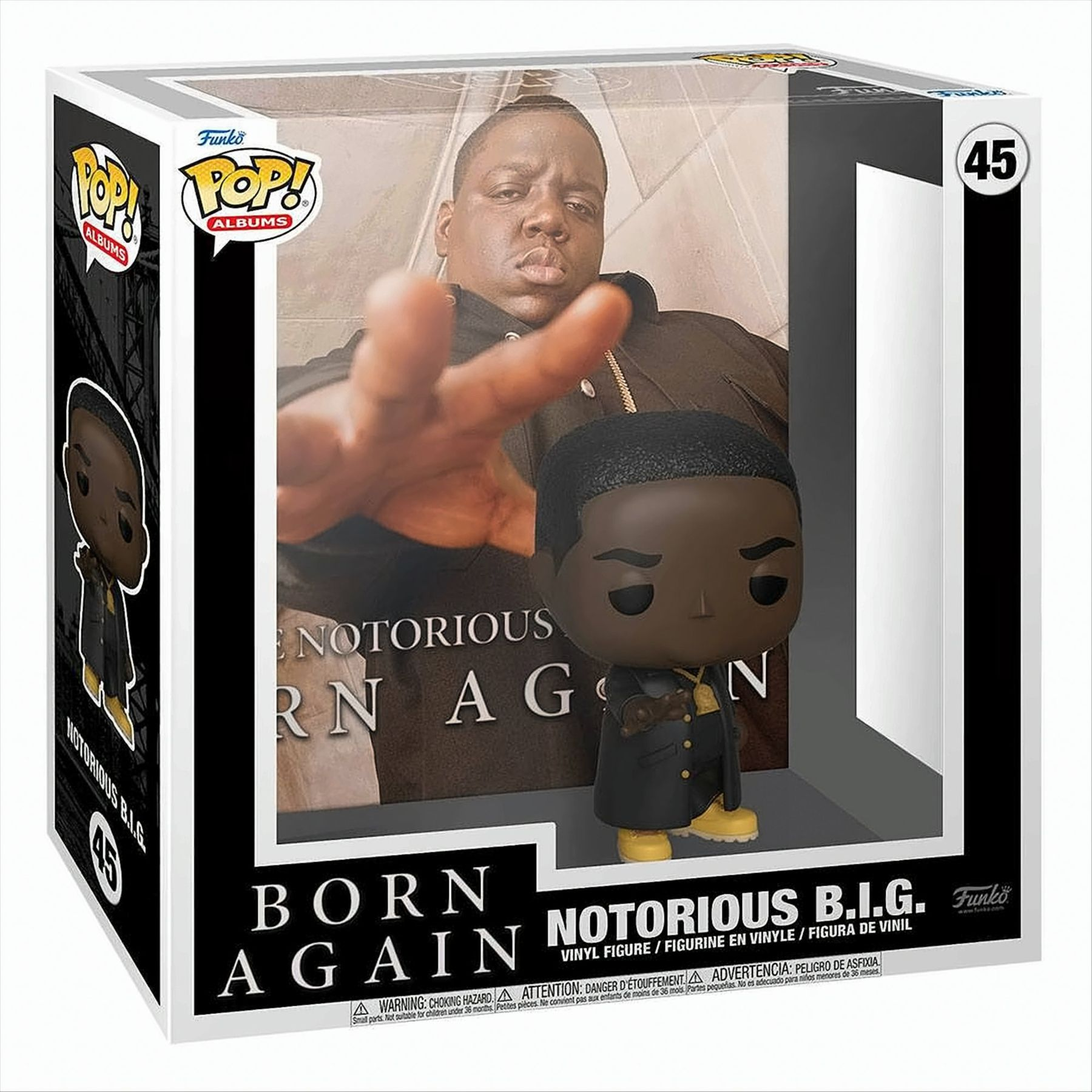 Funko Pop von Notorious B.I.G. in einer Box. Die Figur trägt einen schwarzen Mantel, als Rapper.
