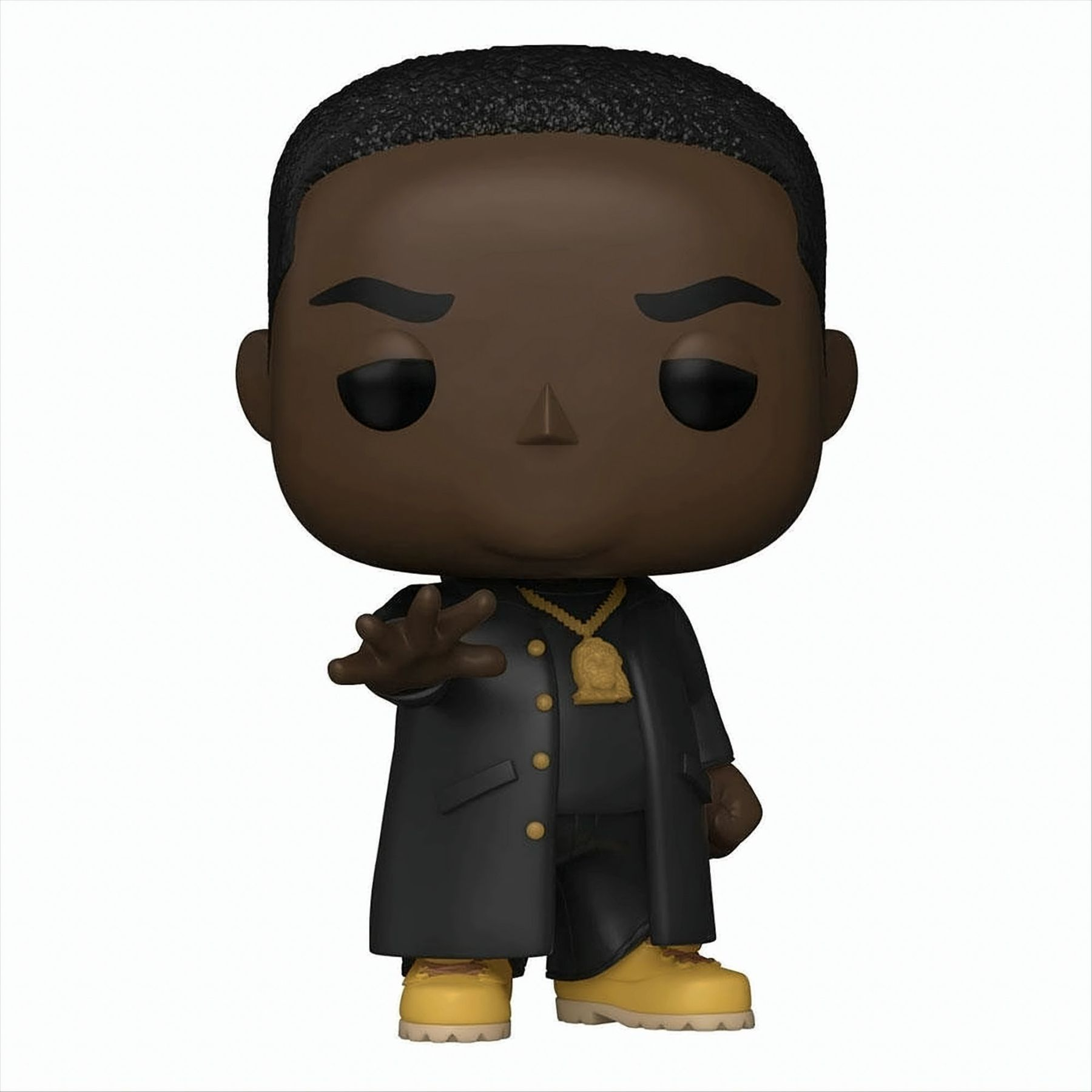 Funko Pop Figur eines schwarzen Mannes in einem langen schwarzen Mantel, goldener Kette und gelben Schuhen.