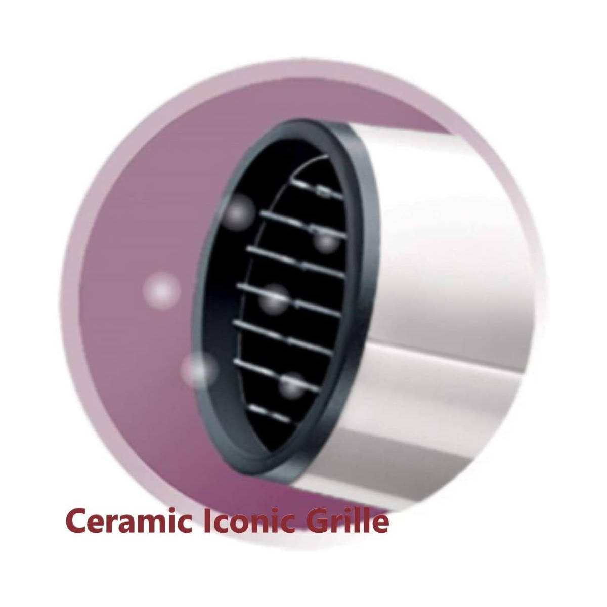 Gros plan d'une buse de sèche-cheveux blanche et noire avec grille céramique iconique, dans un cercle violet.