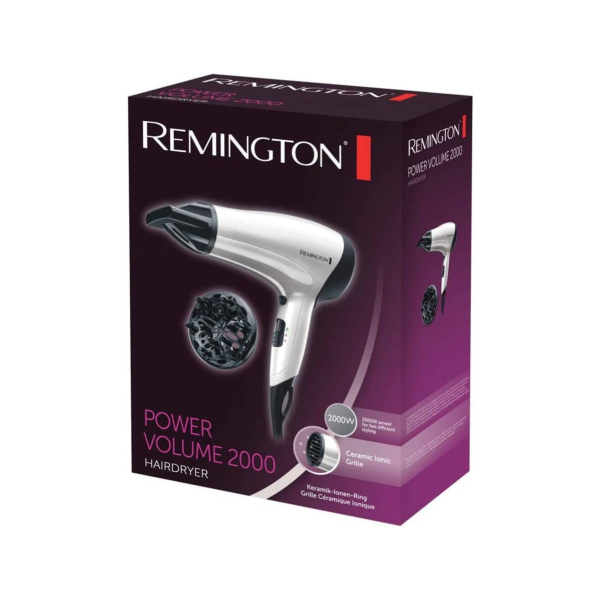 Een Remington haardroger in de doos, met een witte droger met een zwarte handgreep.