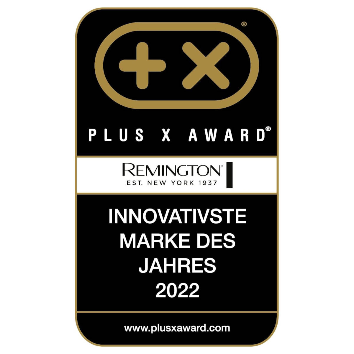Zwarte en gouden prijs, tekst: PLUS X AWARD, REMINGTON, 2022.