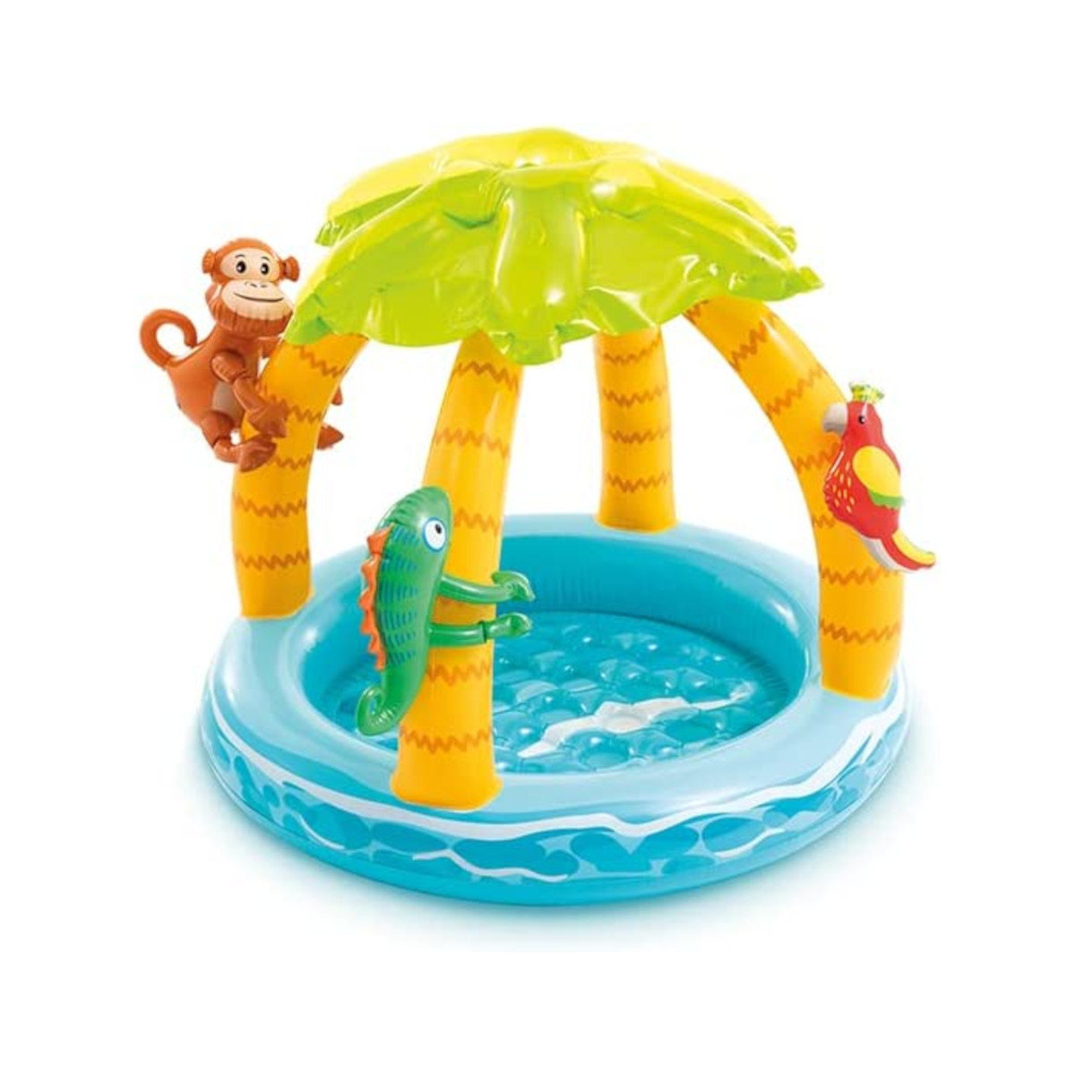 Aufblasbares Kinderbecken mit Palmenmotiv und Tierfiguren. Affe, Eidechse und Papagei schmücken die Struktur.