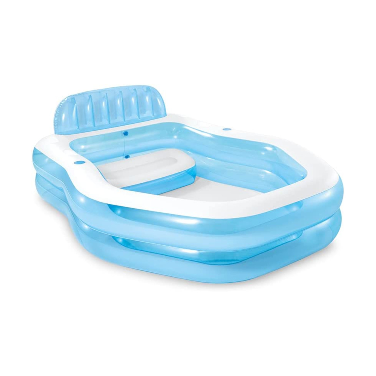 Blauer und weißer aufblasbarer Pool mit Sitz.