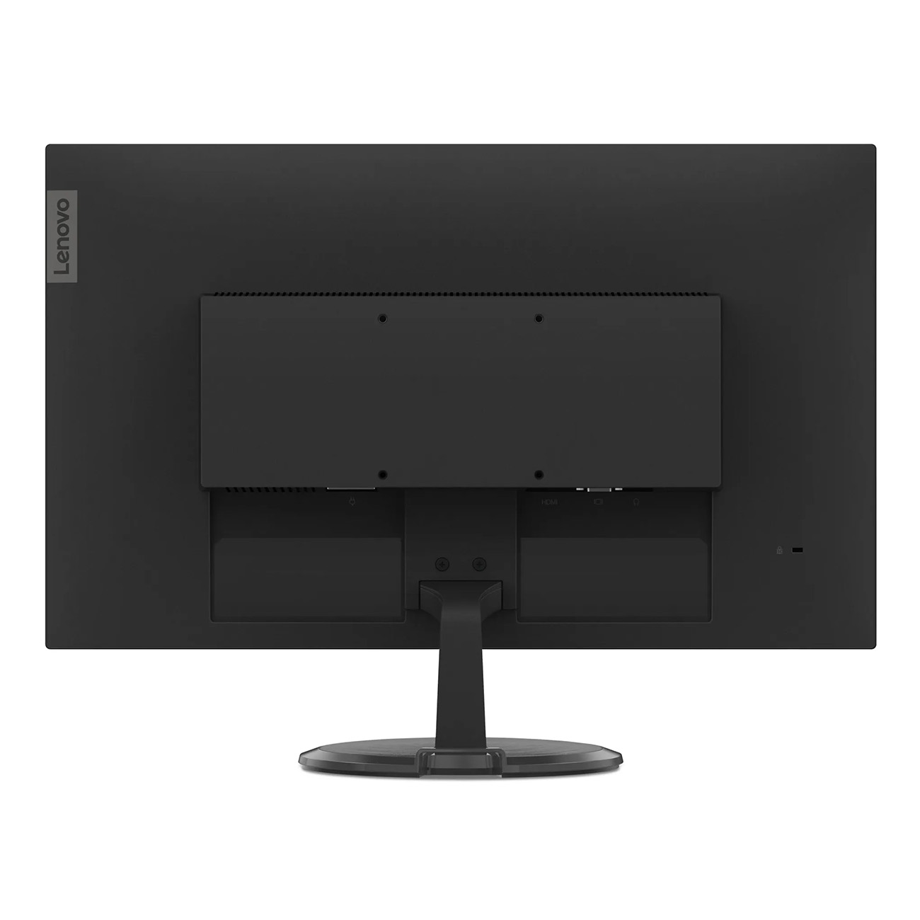 Die Rückseite eines schwarzen Lenovo-Monitors mit Ständer und Anschlüssen.