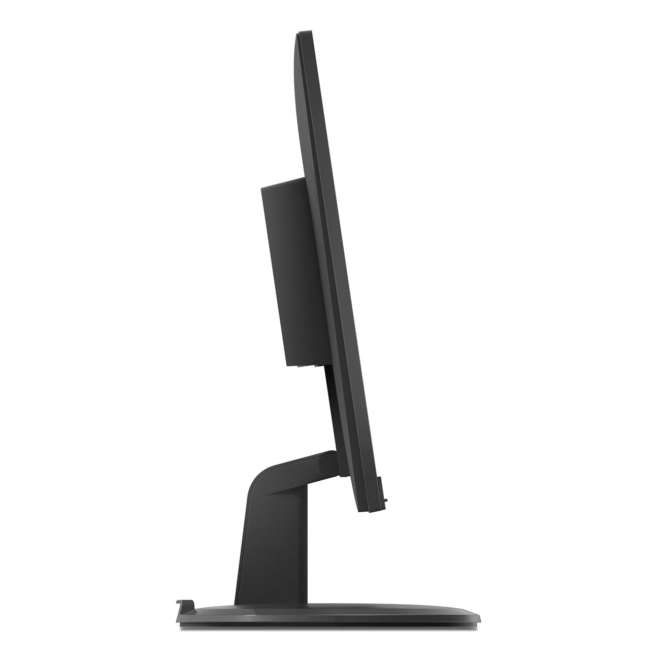 Schwarzer Computermonitor von der Seite. Der Bildschirm ist ausgeschaltet, der Ständer auch schwarz.
