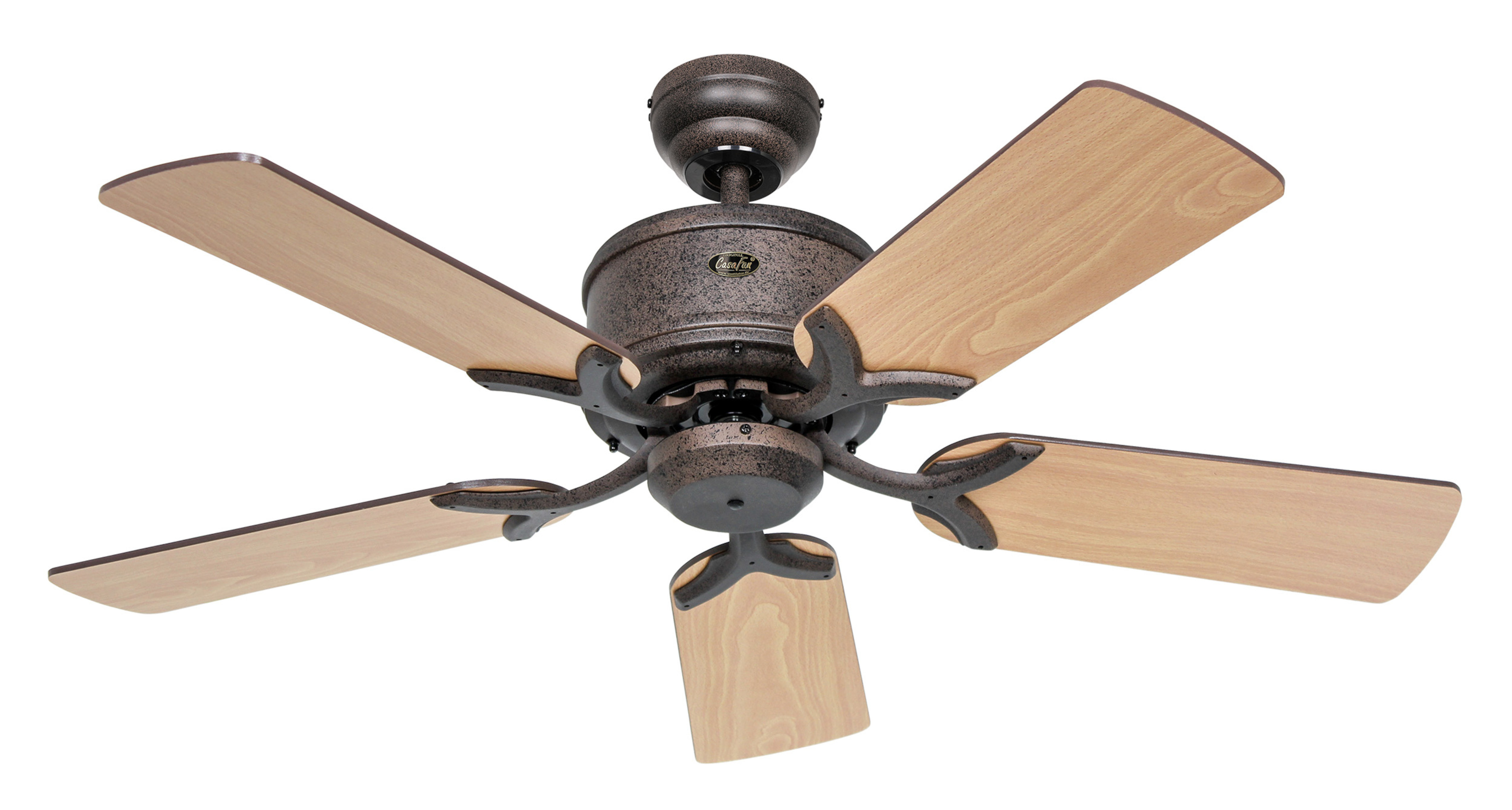 Ventilatore da soffitto con 5 pale, motore marrone e pale effetto legno.