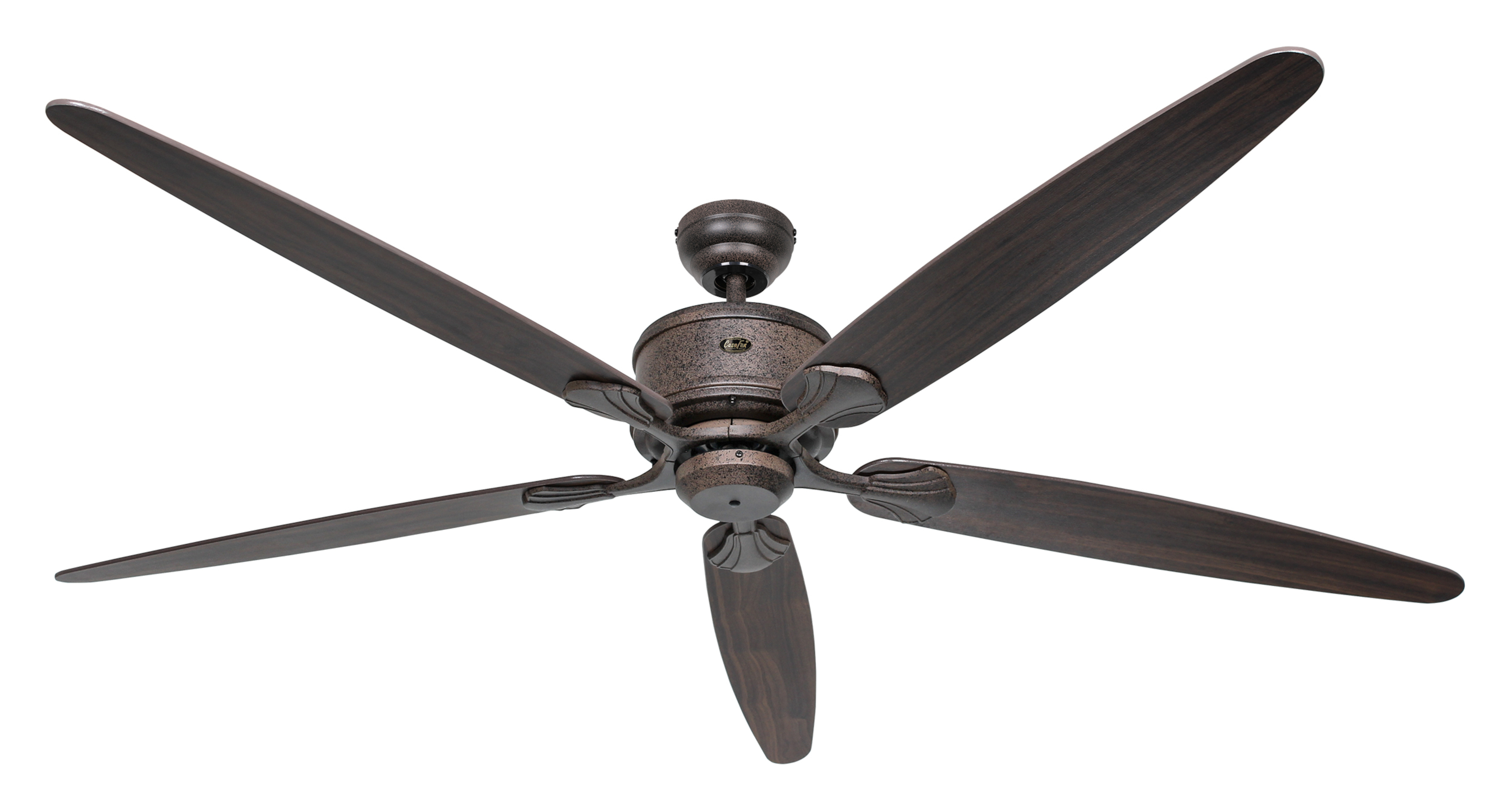 Ventilatore da soffitto marrone con cinque pale in legno e alloggiamento centrale decorativo.