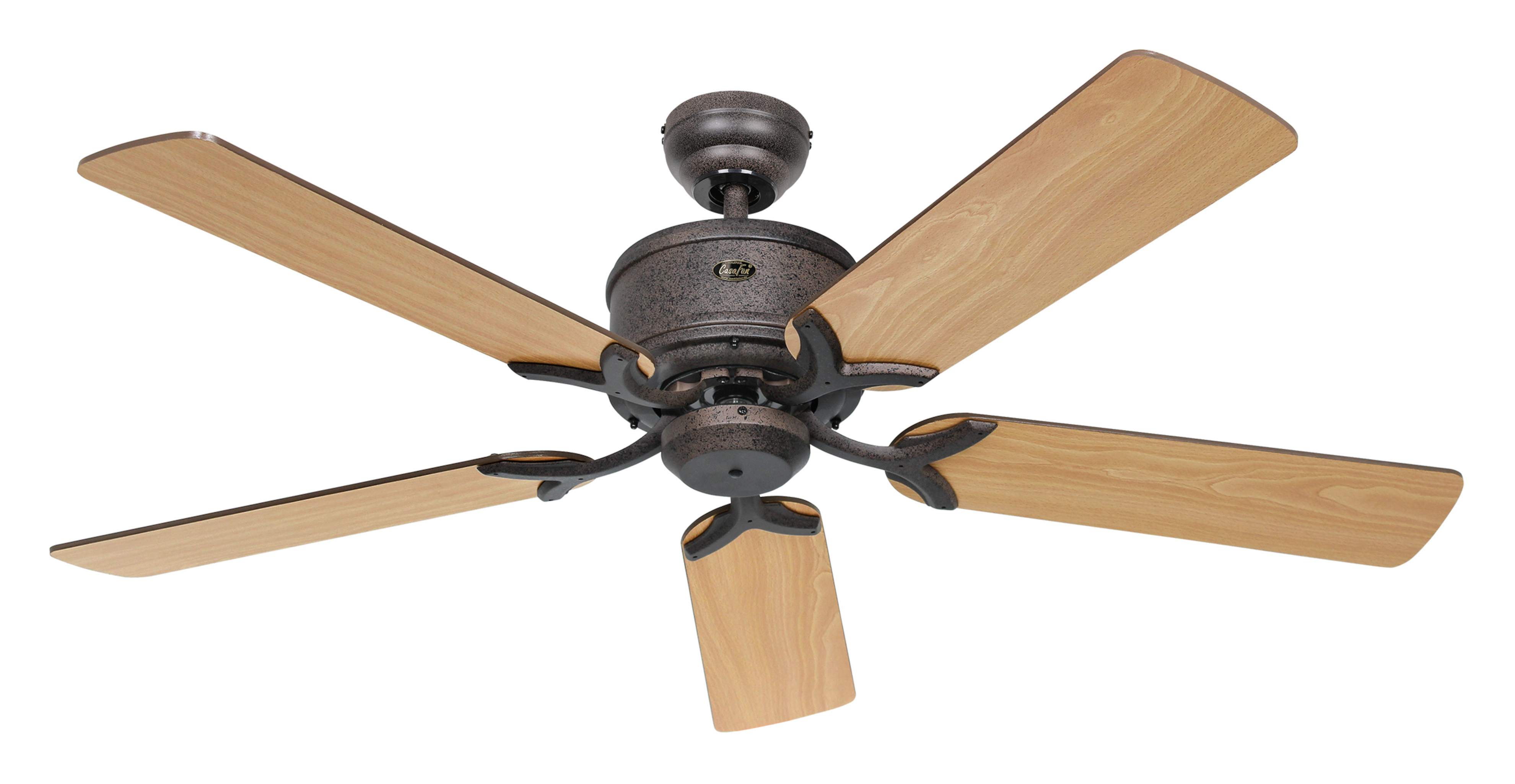 Ventilatore a soffitto con cinque pale in legno e un alloggiamento motore color bronzo.