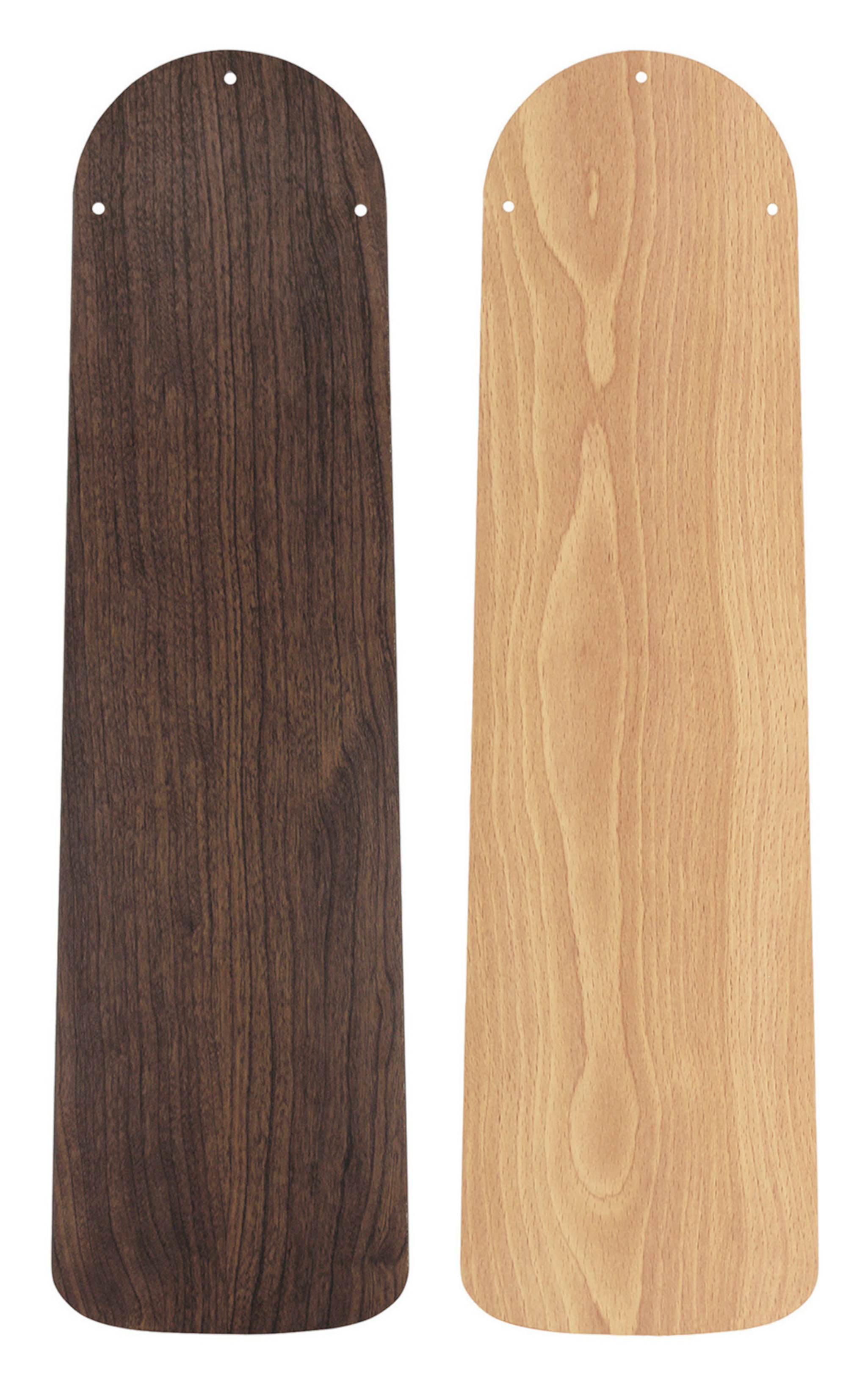 Due pale di ventola in legno: marrone scuro e marrone chiaro con fori preforati.