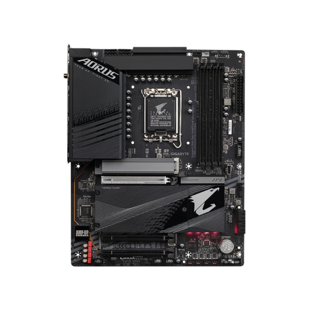Una scheda madre nera con il logo AORUS, molte porte e un'area illuminata di rosso.