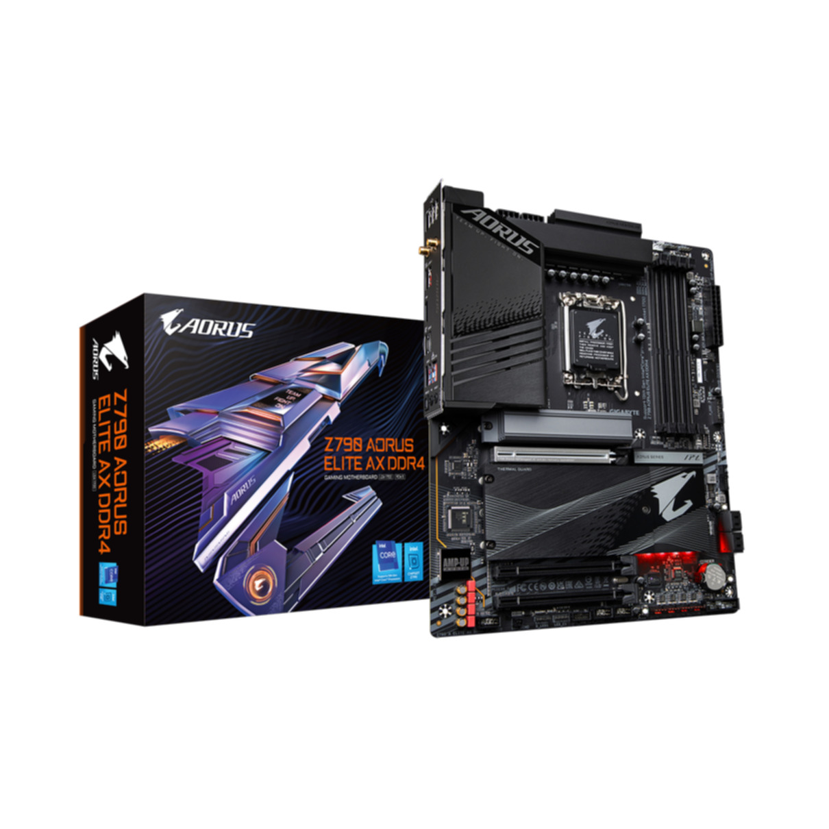 Scheda madre e scatola, con logo AORUS e specifiche, sfondo bianco.