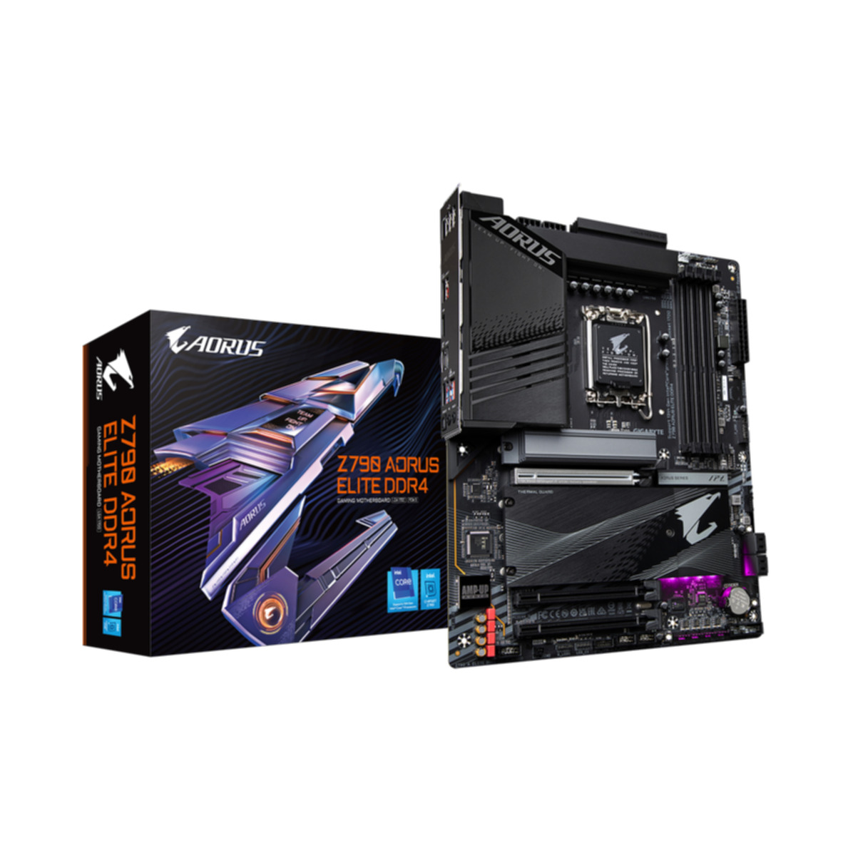Placa base AORUS Z790 AORUS ELITE DDR4 con caja sobre fondo blanco.