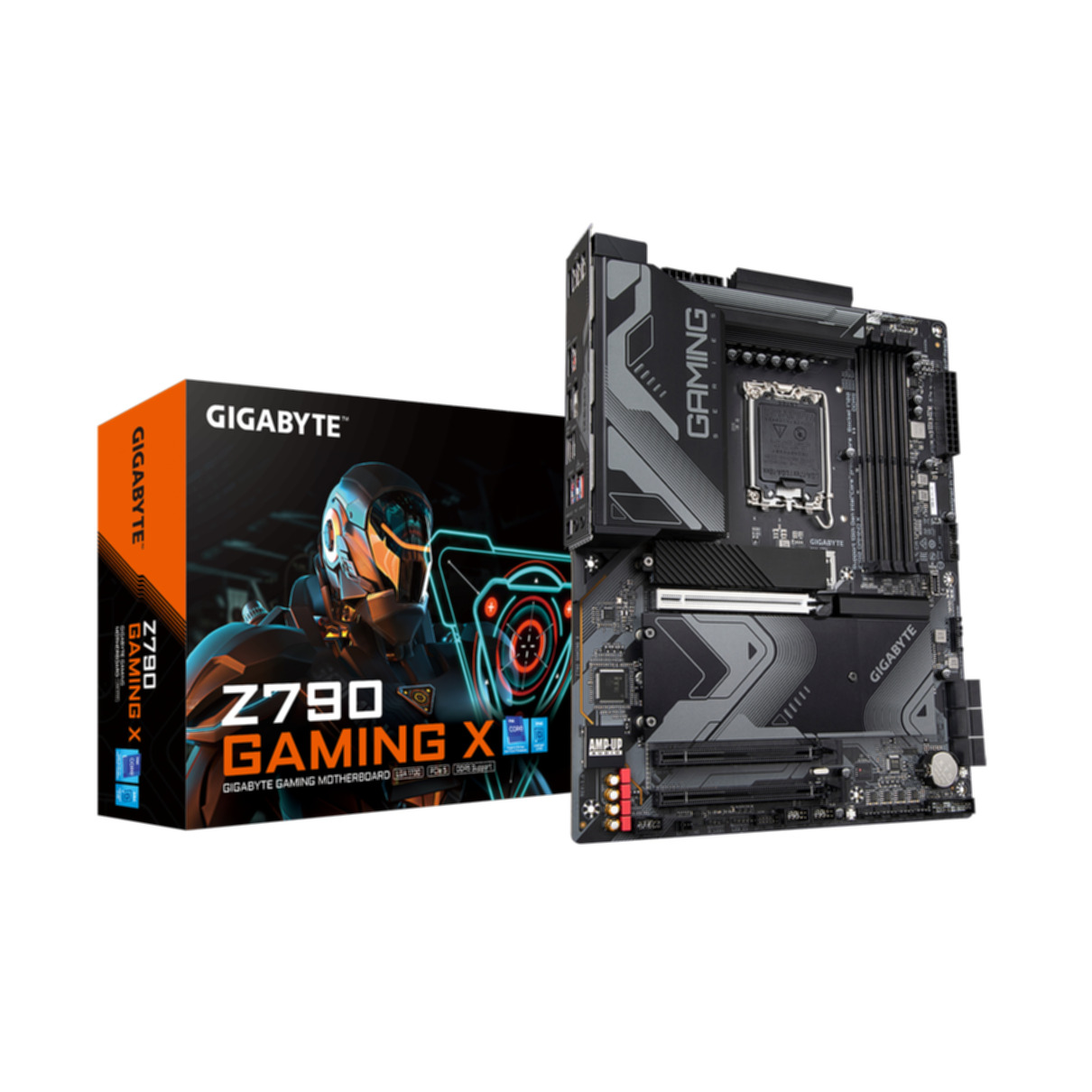 Una scheda madre per computer e una scatola. La scatola dice Z790 GAMING X GIGABYTE GAMING MOTHERBOARD.
