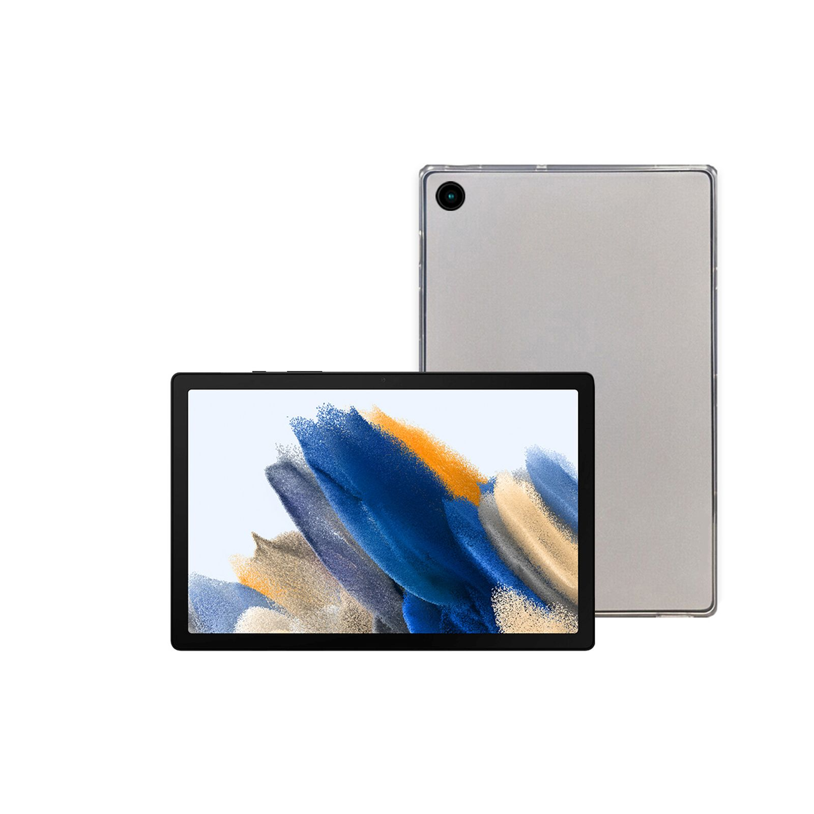 Zwei Tablets auf Weiß. Eines zeigt eine farbenfrohe Anzeige. Das andere ist grau.