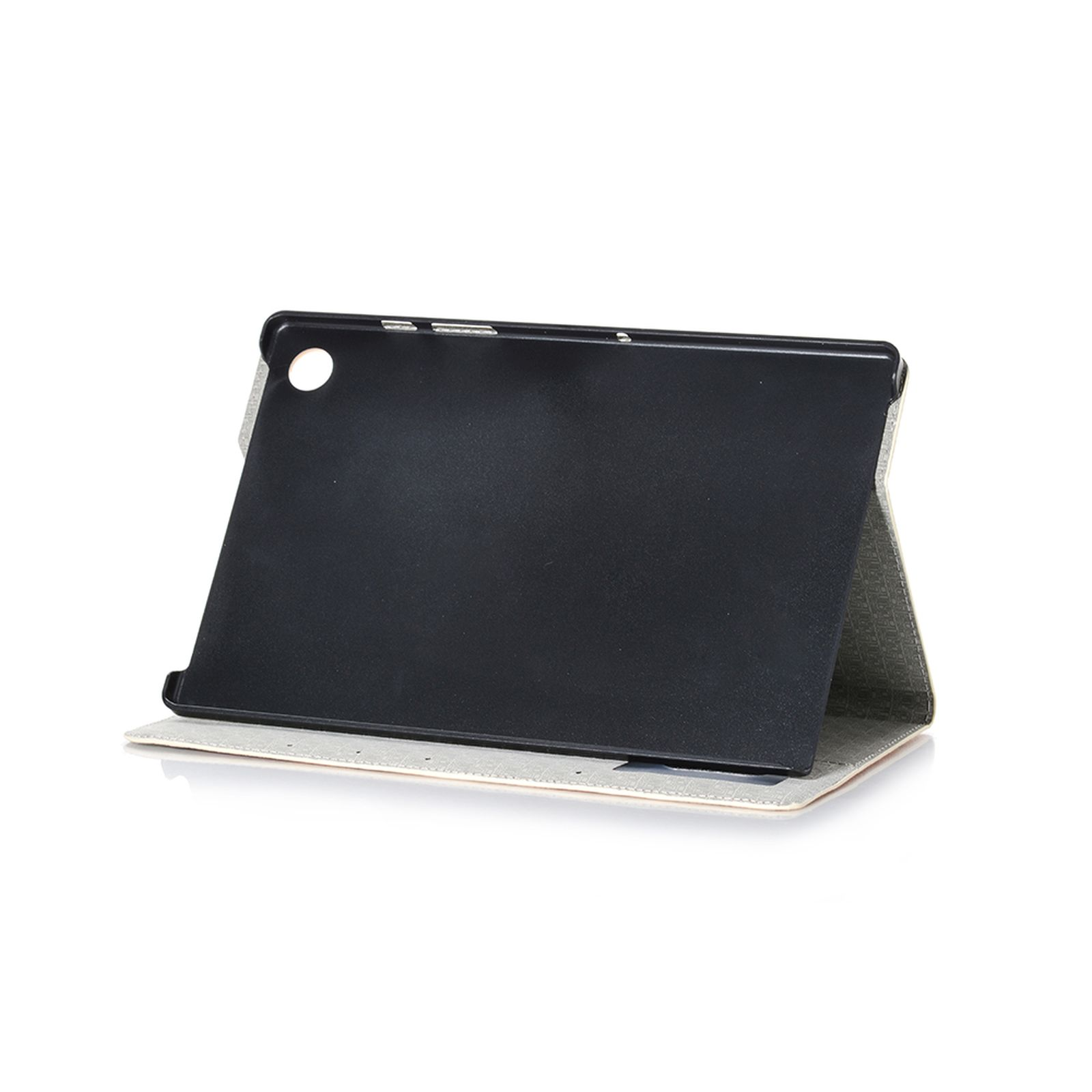Tablet mit geöffneter Hülle, zeigt den Bildschirm. Die Hülle ist beige und das Tablet ist schwarz.