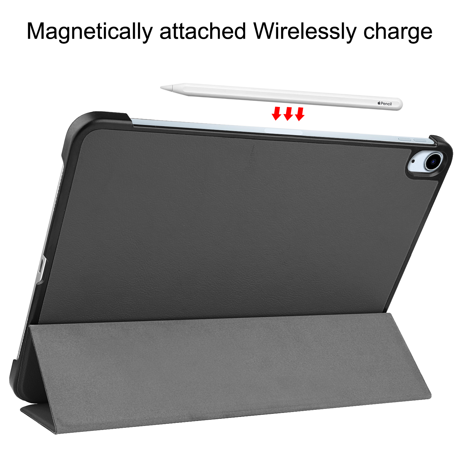 Tablet mit Stift oben befestigt. Das Tablet ist in einem Ständer aufgestellt. Pfeile zeigen nach unten.