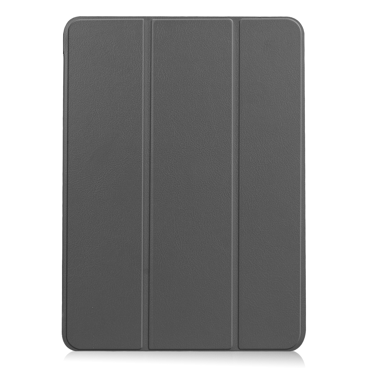 Graue Tablet-Hülle, gefaltet. Drei vertikale Paneele, glatte Oberfläche.