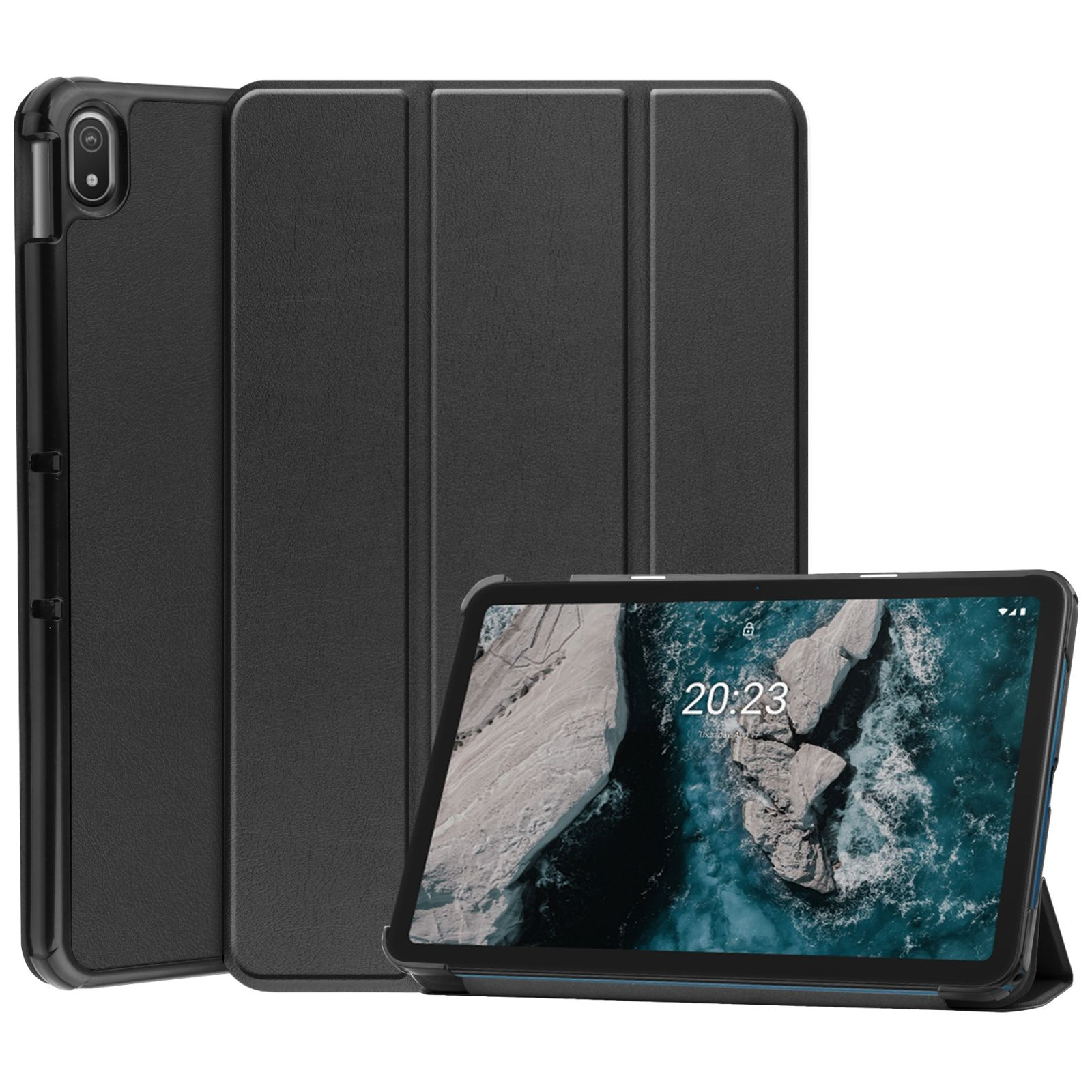 Schwarzes Tablet in einer schwarzen Hülle. Eine zweite Hülle im Hintergrund. Weißer Hintergrund.