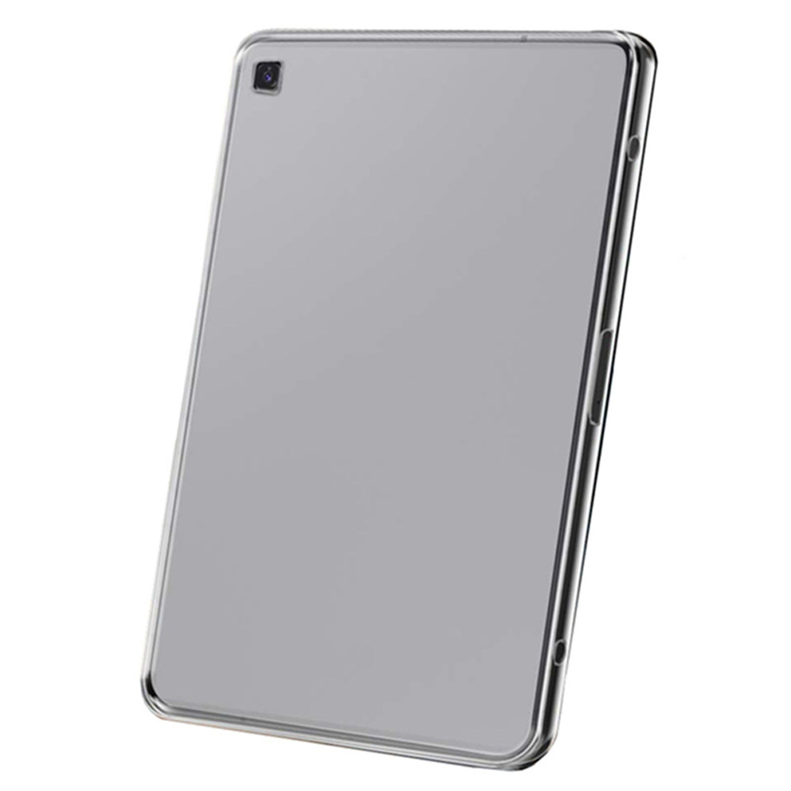 Eine Tablet-Hülle in hellgrauer Farbe. Die Hülle ist geschlossen und hat ein Kamera Loch.
