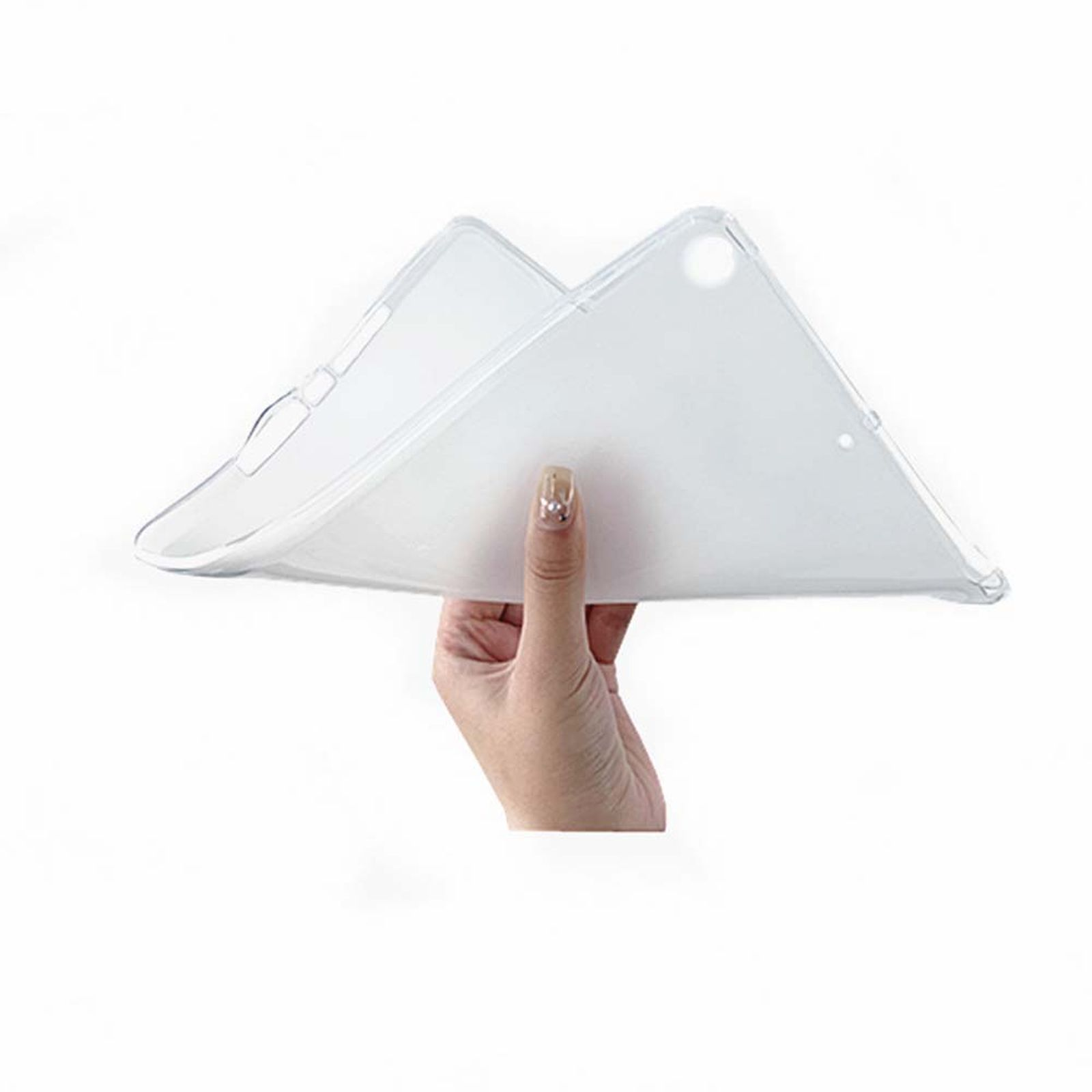 Eine Hand hält eine transparente, flexible Tablethülle, durch die die Tabletform sichtbar ist.