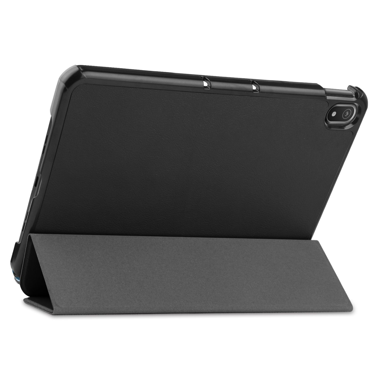 Schwarze Tablethülle, offen, mit Ständer. Graue Rückseite. Weißer Hintergrund.