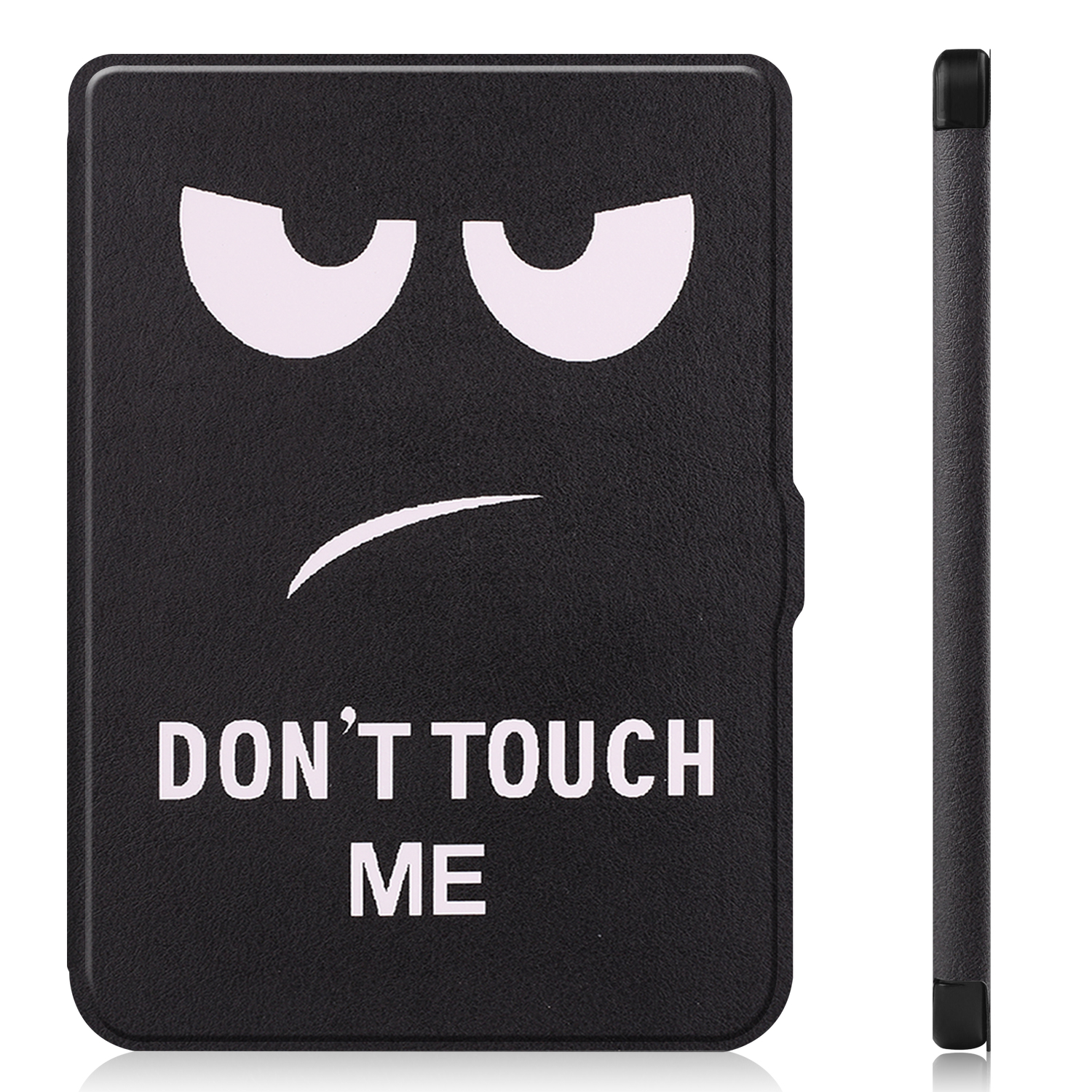 Schwarze Tablethülle mit einem Gesichtsdesign und dem Text 'DON'T TOUCH ME'.