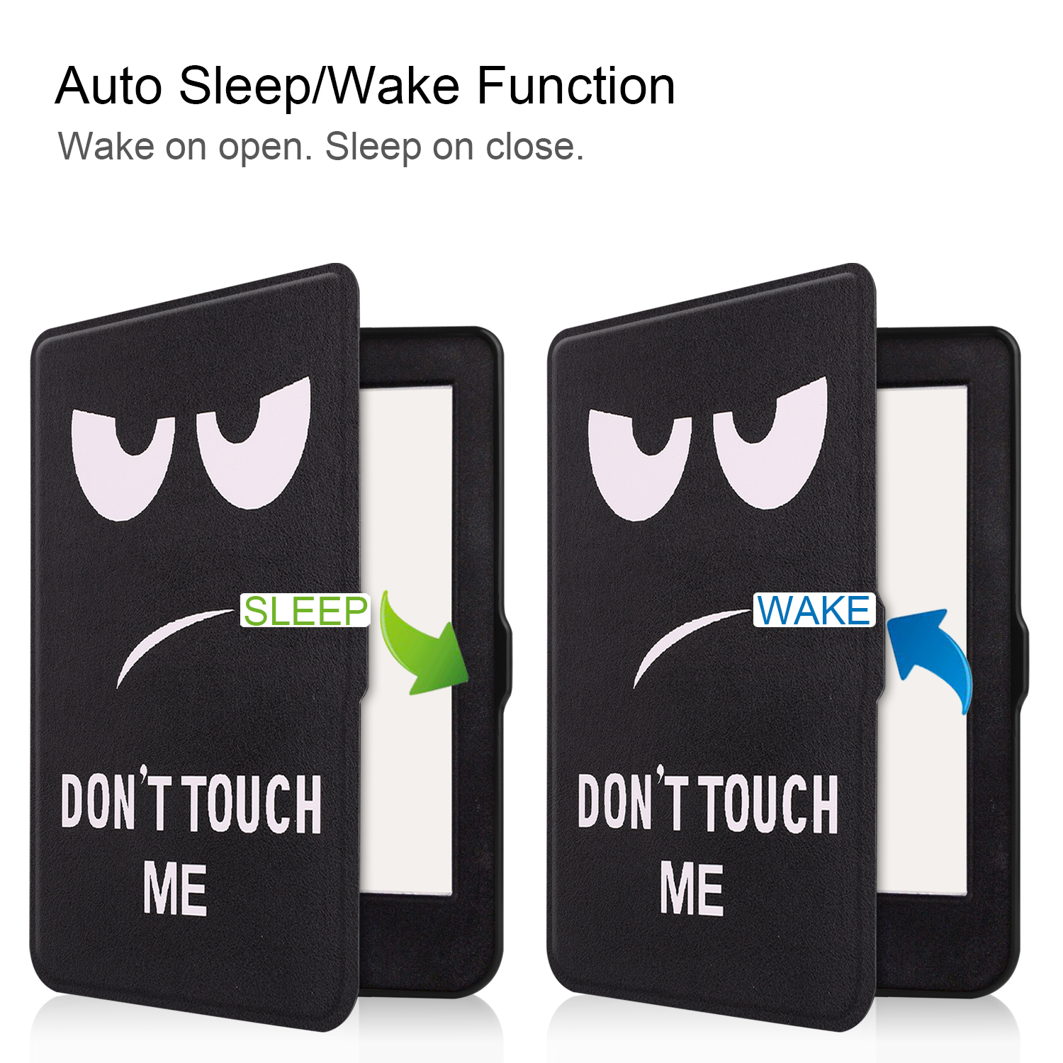 Zwei schwarze Tablethüllen, eine offen, mit traurigen Gesichtern und "DON'T TOUCH ME".