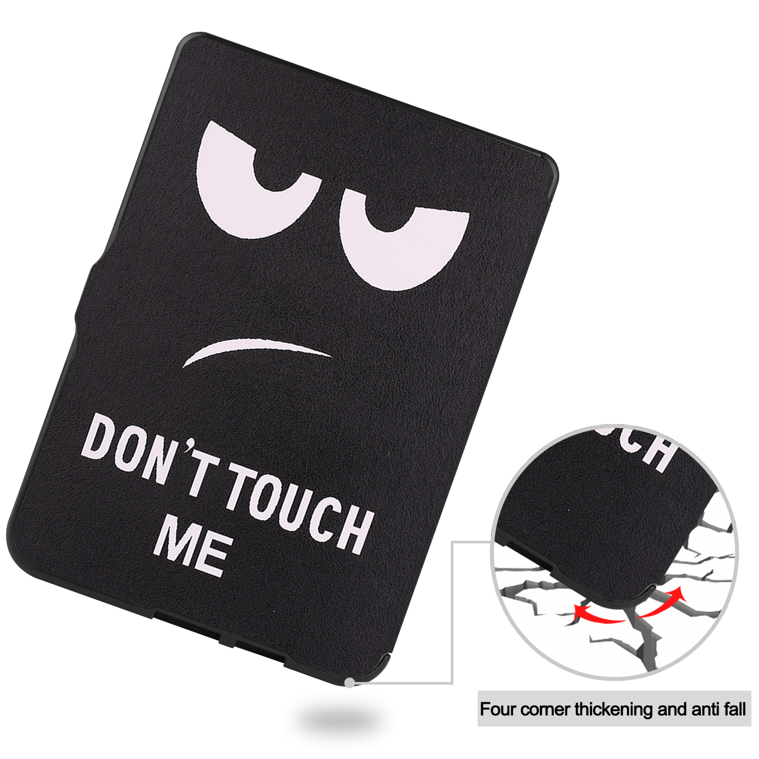 Schwarze Tablethülle mit Gesicht und "DON'T TOUCH ME". Ecke zeigt Anti-Fall-Funktion.