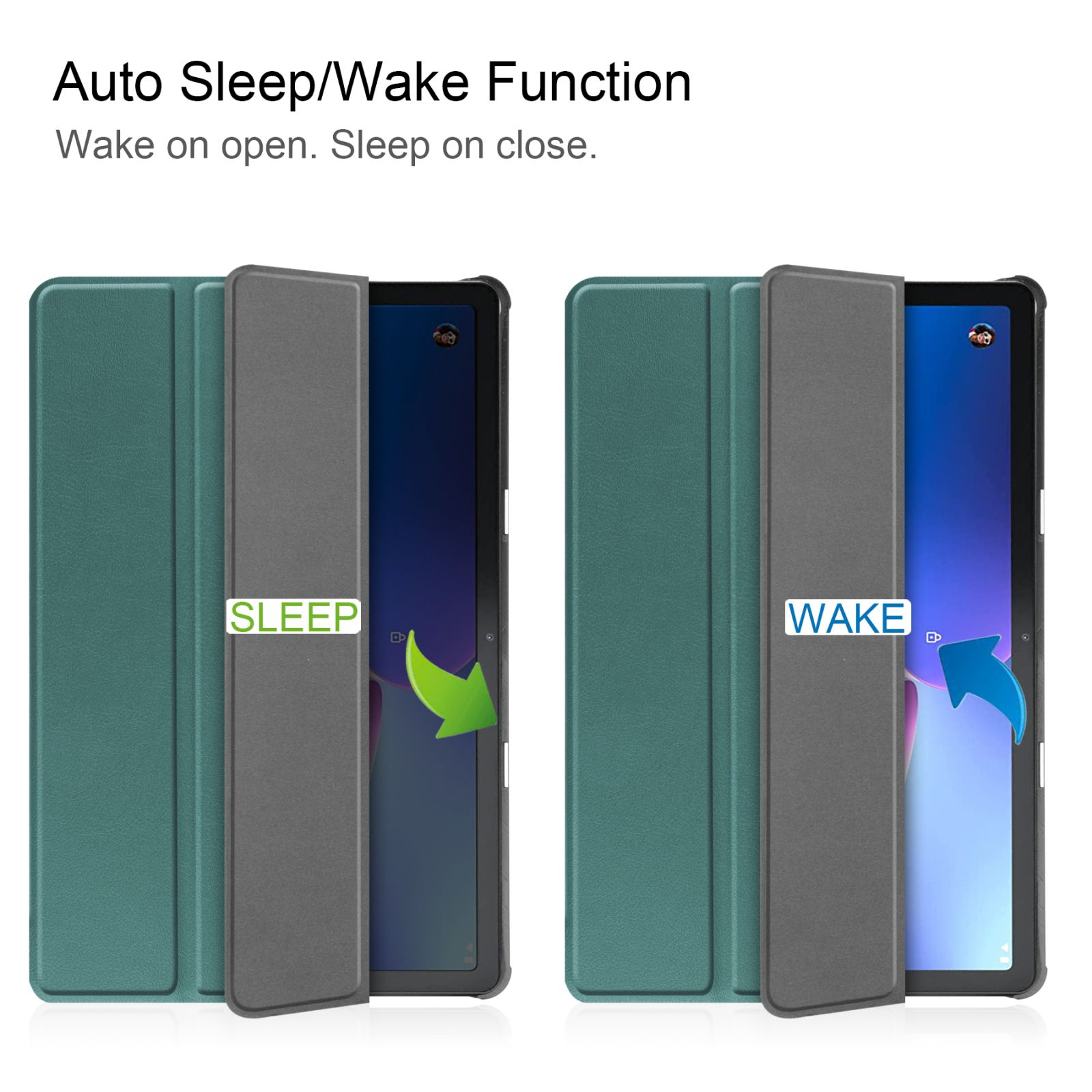 Zwei Tablets mit grünen Hüllen, zeigen 'SLEEP' und 'WAKE' Funktionen, zusammen mit Pfeilen.