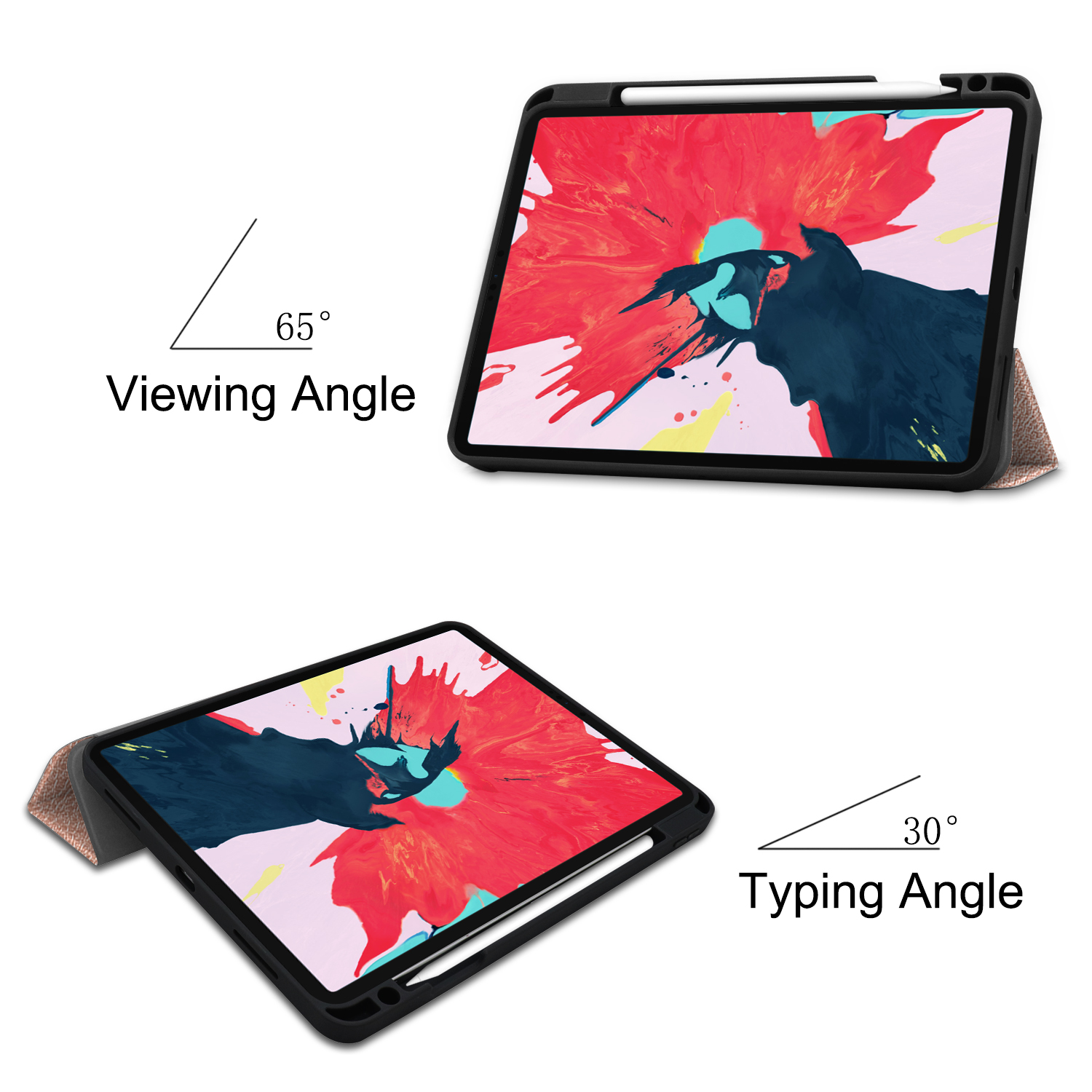 Zwei Tablets in Hüllen, eines mit 65 Grad Blickwinkel, das andere mit 30 Grad Tippwinkel.